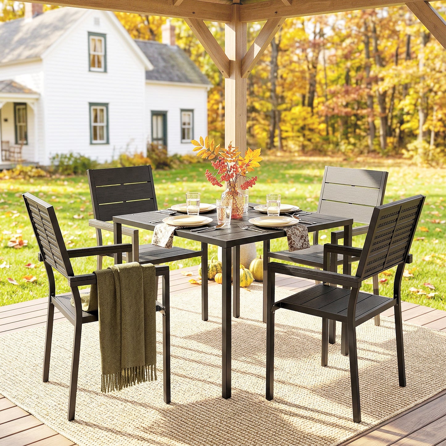 5 Pieces Garden Dining Set, Garden Table and Chairs Set for 4 with Square HDPE Table and Chairs with Armrests, Outdoor Furniture for Patio Porch Terrace, Black