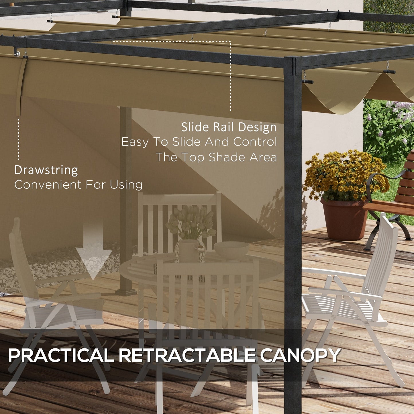 4 x 3(m) Metal Outdoor Pergola with Retractable Roof, Outdoor Gazebo Canopy Shelter with Drainage Holes for Garden, Patio, Lawn, Khaki