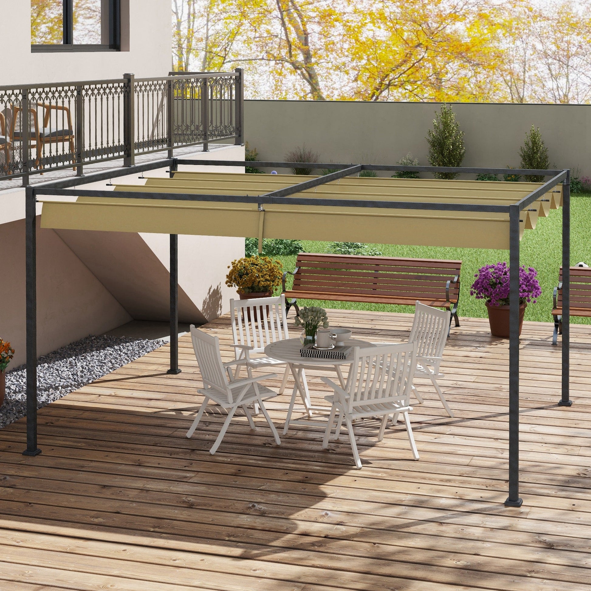 4 x 3(m) Metal Outdoor Pergola with Retractable Roof, Outdoor Gazebo Canopy Shelter with Drainage Holes for Garden, Patio, Lawn, Khaki