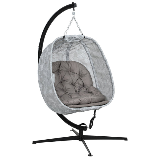 Hanging Egg Chair Outdoor Indoor Garden Swing Chair with Folding Basket, Garden Hanging Chair with Stand, Thickened Cushion, Cup Holder for Patio, Balcony, Sand Brown