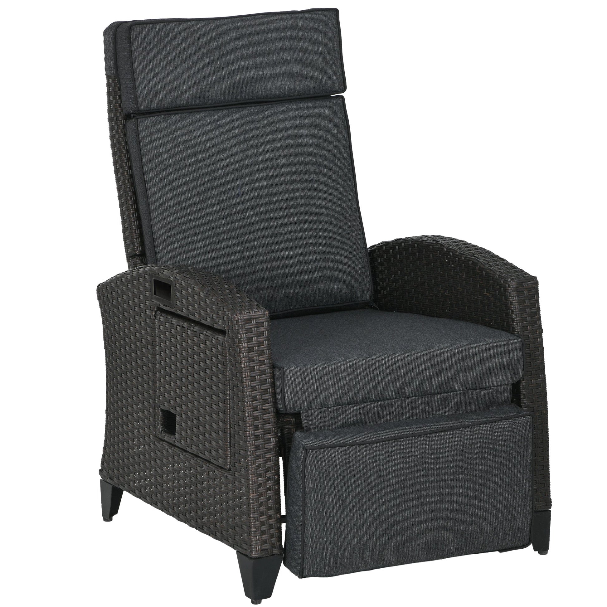Garden Recliner with Cushion, PE Wicker Outdoor Recliner Chair with Adjustable Backrest & Footrest, Rattan Recliner Chair with Armrests and Side Tray for Balcony, Porch, Dark Grey/Brown