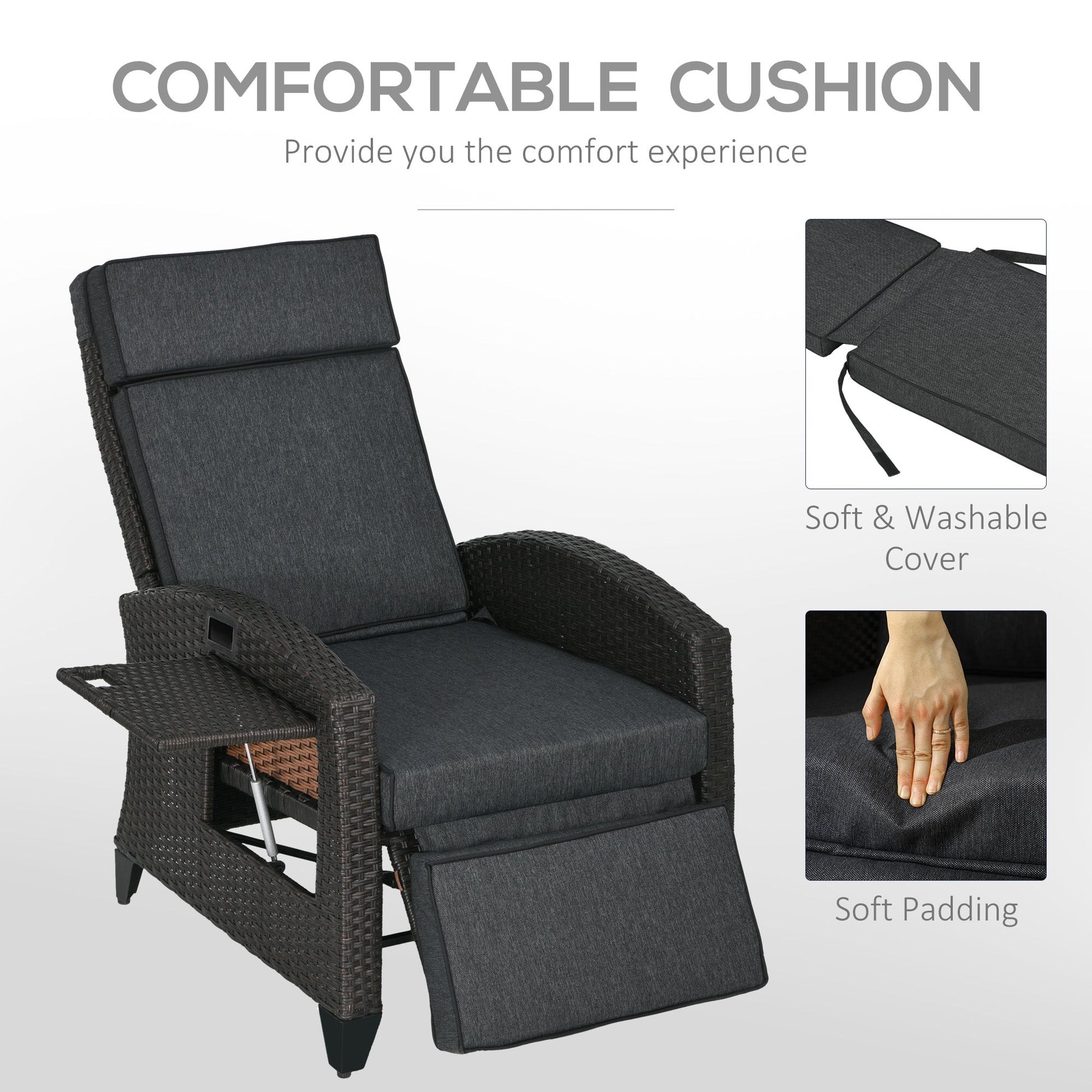 Garden Recliner with Cushion, PE Wicker Outdoor Recliner Chair with Adjustable Backrest & Footrest, Rattan Recliner Chair with Armrests and Side Tray for Balcony, Porch, Dark Grey/Brown