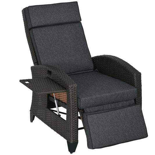 Garden Recliner with Cushion, PE Wicker Outdoor Recliner Chair with Adjustable Backrest & Footrest, Rattan Recliner Chair with Armrests and Side Tray for Balcony, Porch, Dark Grey/Brown
