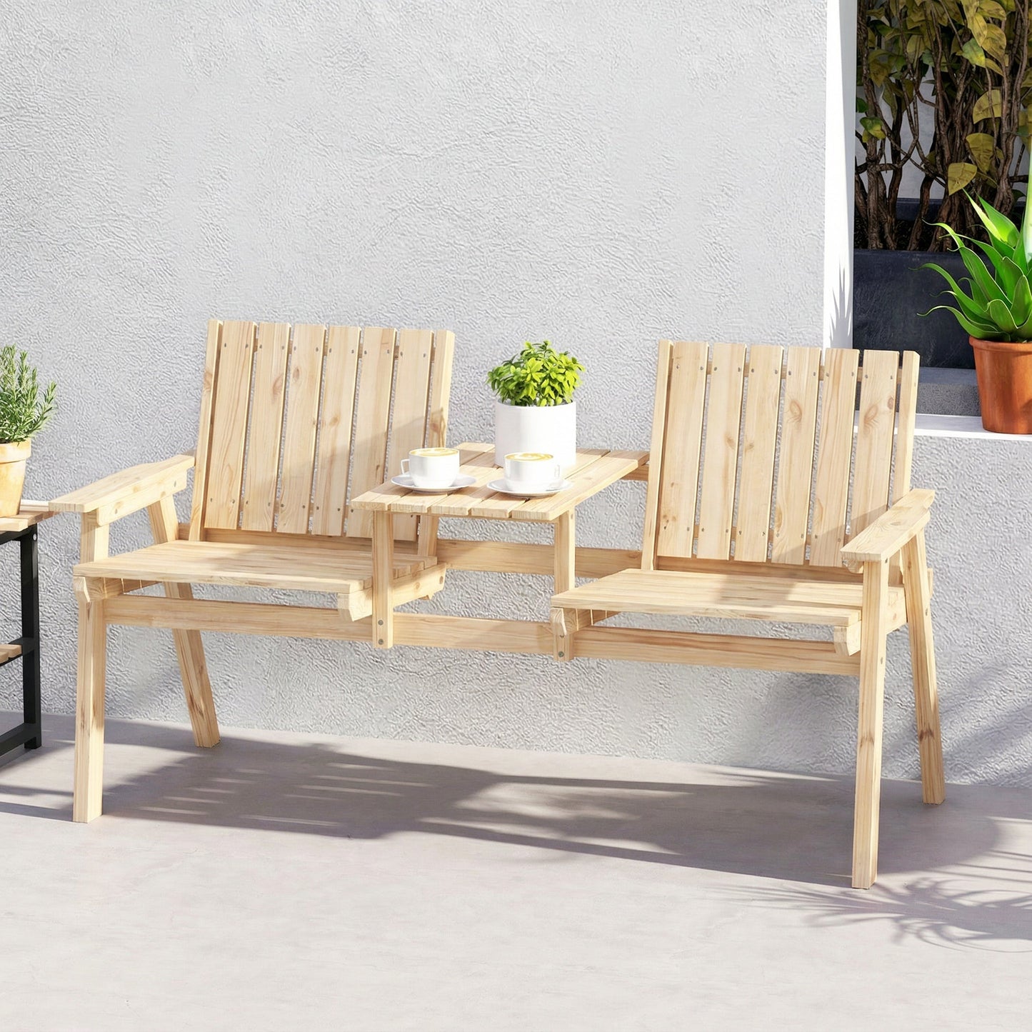 Wooden Garden Loveseat, 2-Seater Garden Chair with Table & Parasol Hole, Outdoor Bench for Porch, Patio, Natural Wood Finish