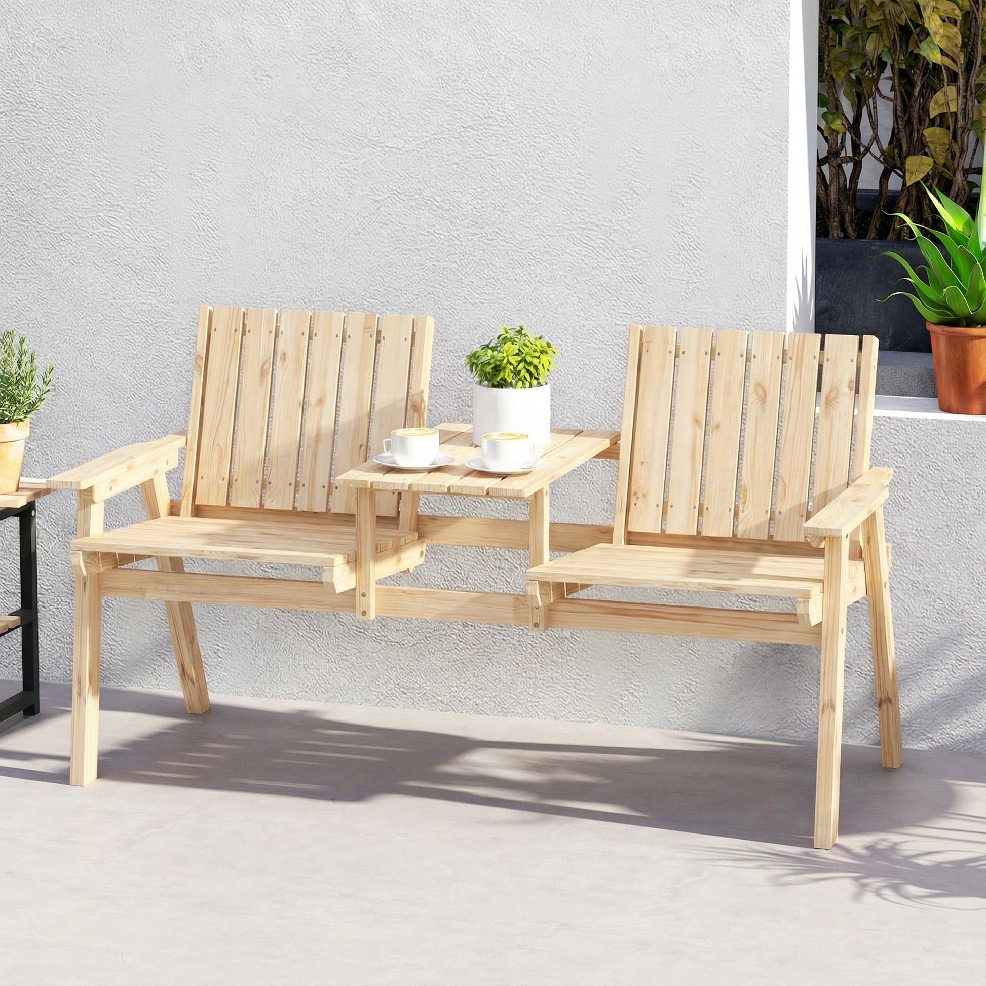 Wooden Garden Loveseat, 2-Seater Garden Chair with Table & Parasol Hole, Outdoor Bench for Porch, Patio, Natural Wood Finish