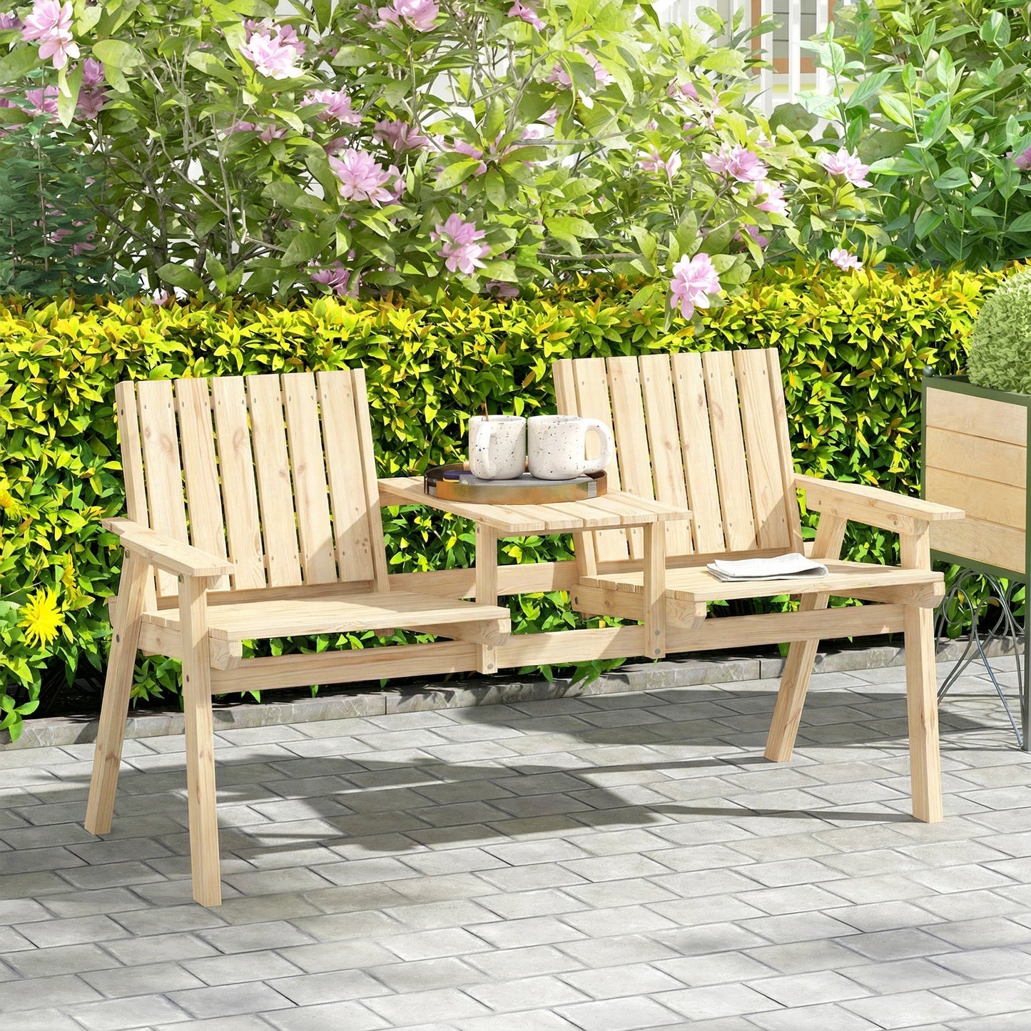 Wooden Garden Loveseat, 2-Seater Garden Chair with Table & Parasol Hole, Outdoor Bench for Porch, Patio, Natural Wood Finish