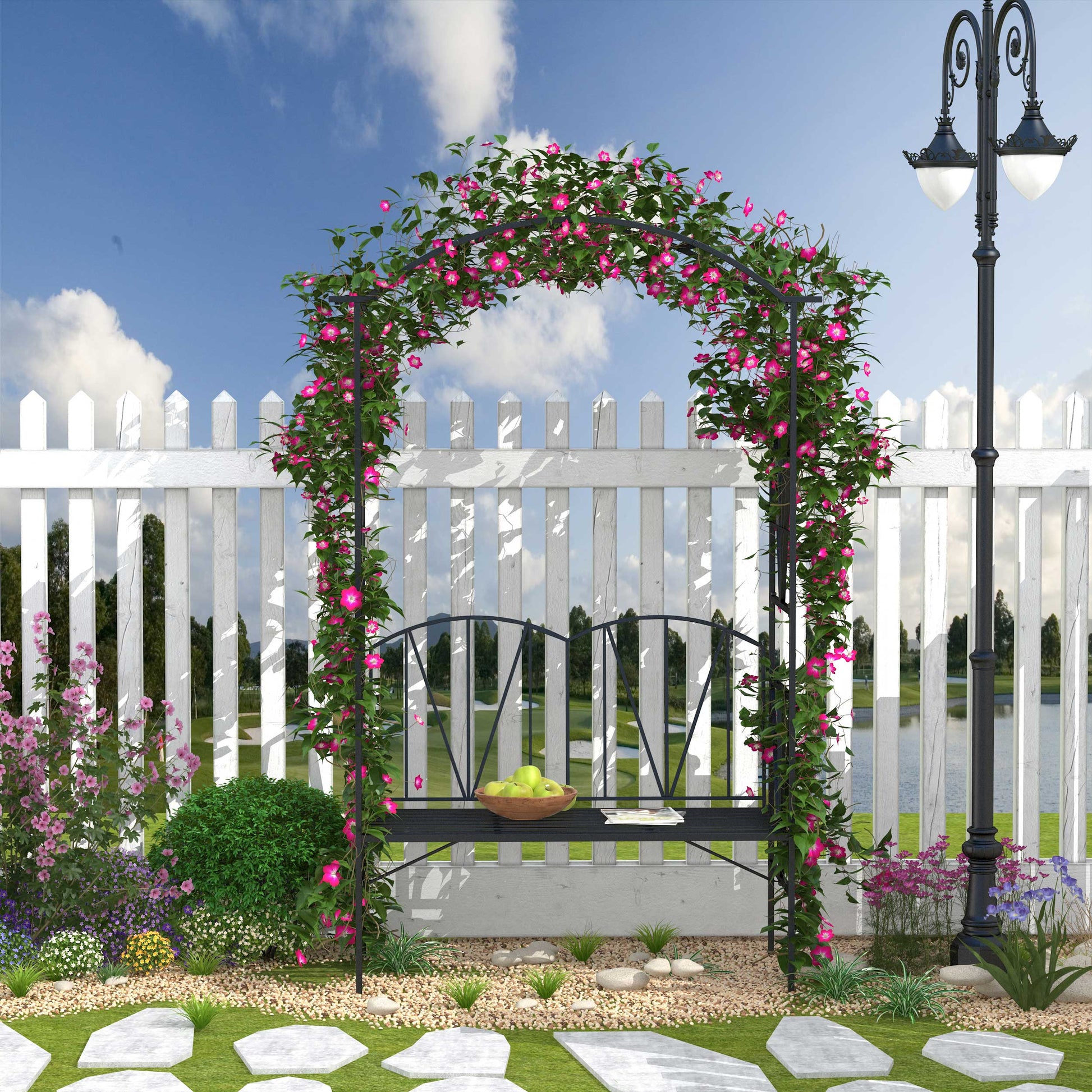 Garden Bench, 2 Seater Outdoor Patio Bench, Metal Garden Loveseat with Arch for Vines and Climbing Plants for Outdoor Space, Black