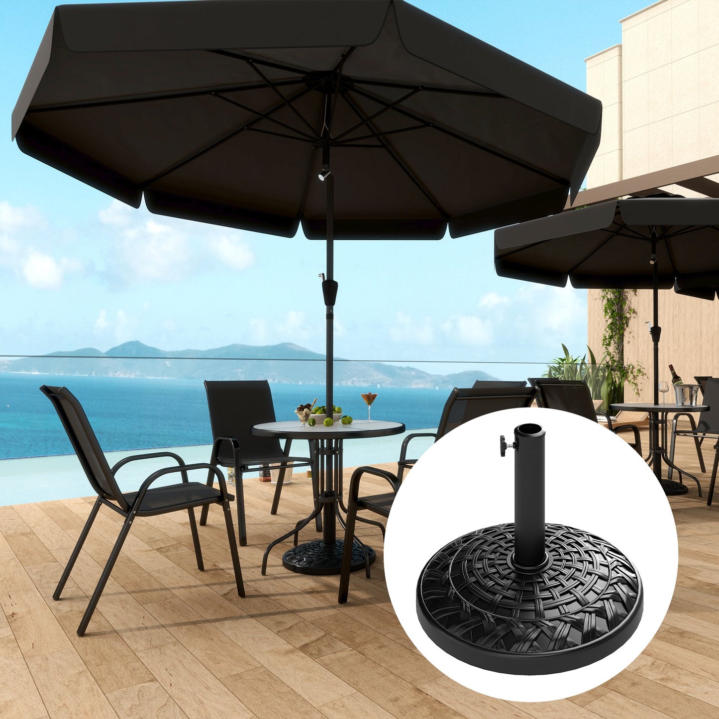 12kg Garden Parasol Base, Round Resin Garden Umbrella Base, Heavy Duty Parasol Stand for 38mm or 48mm Outdoor Umbrella Poles, Black