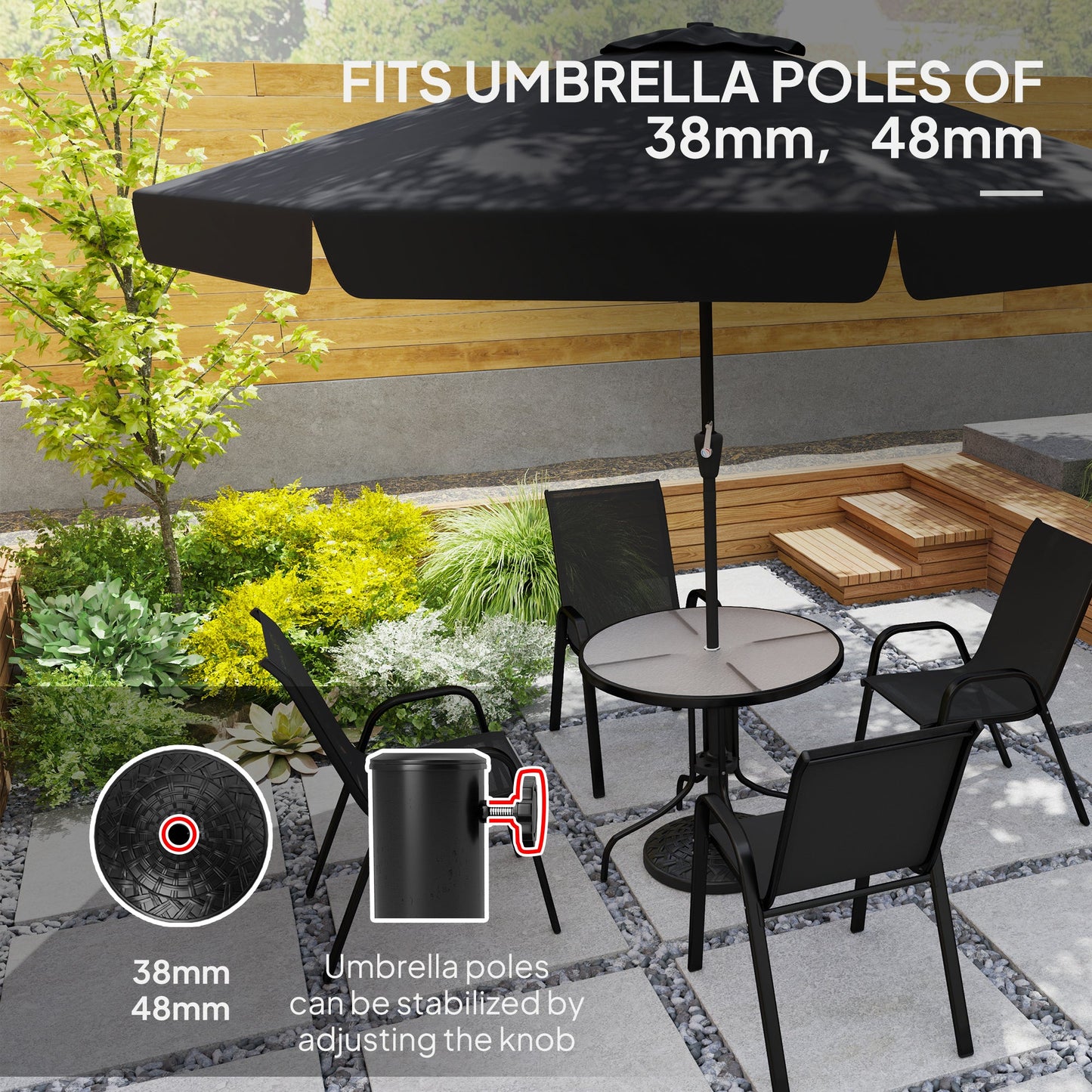 12kg Garden Parasol Base, Round Resin Garden Umbrella Base, Heavy Duty Parasol Stand for 38mm or 48mm Outdoor Umbrella Poles, Black