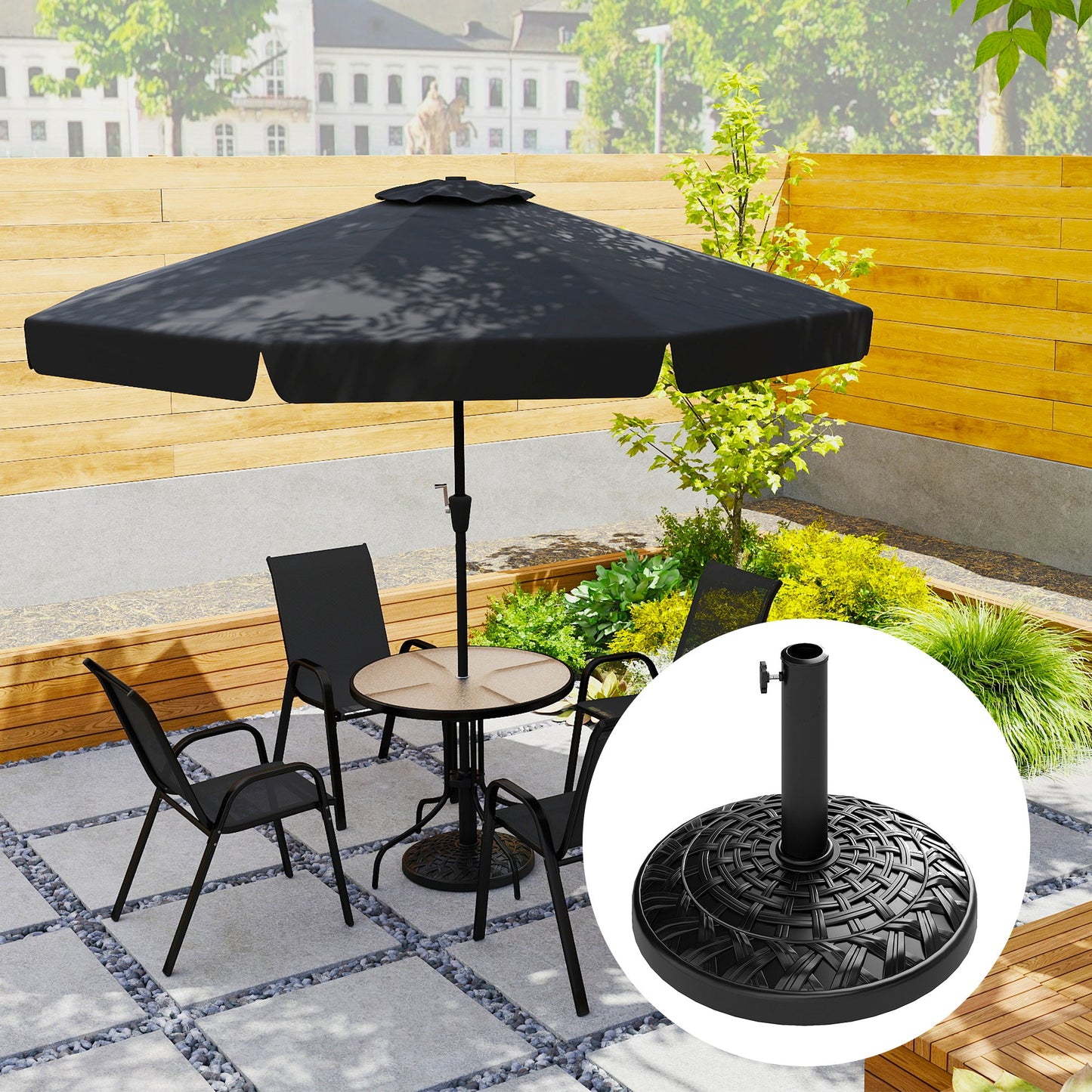 12kg Garden Parasol Base, Round Resin Garden Umbrella Base, Heavy Duty Parasol Stand for 38mm or 48mm Outdoor Umbrella Poles, Black