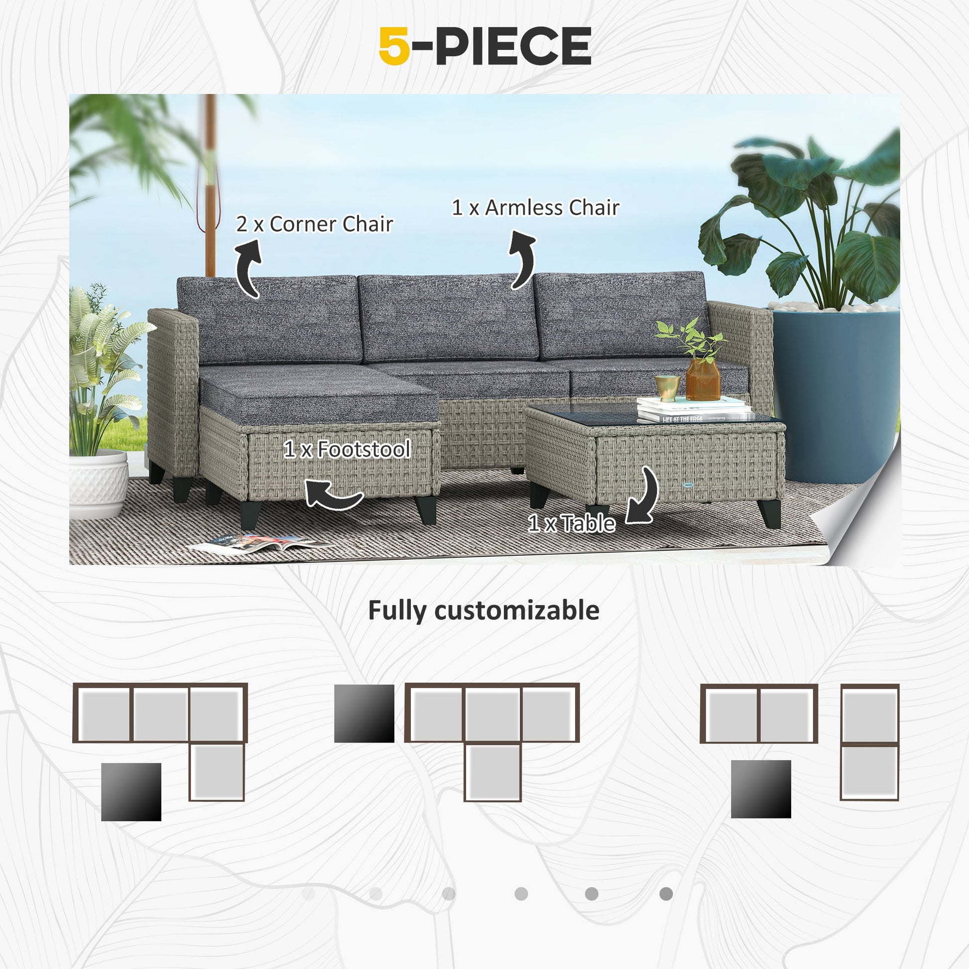 5 Pieces PE Rattan Garden Furniture Set, 4 Seater Garden Corner Sofa Set with Glass Coffee Table, Wicker Outdoor Furniture Set with Cushions for Patio Deck, Dark Grey