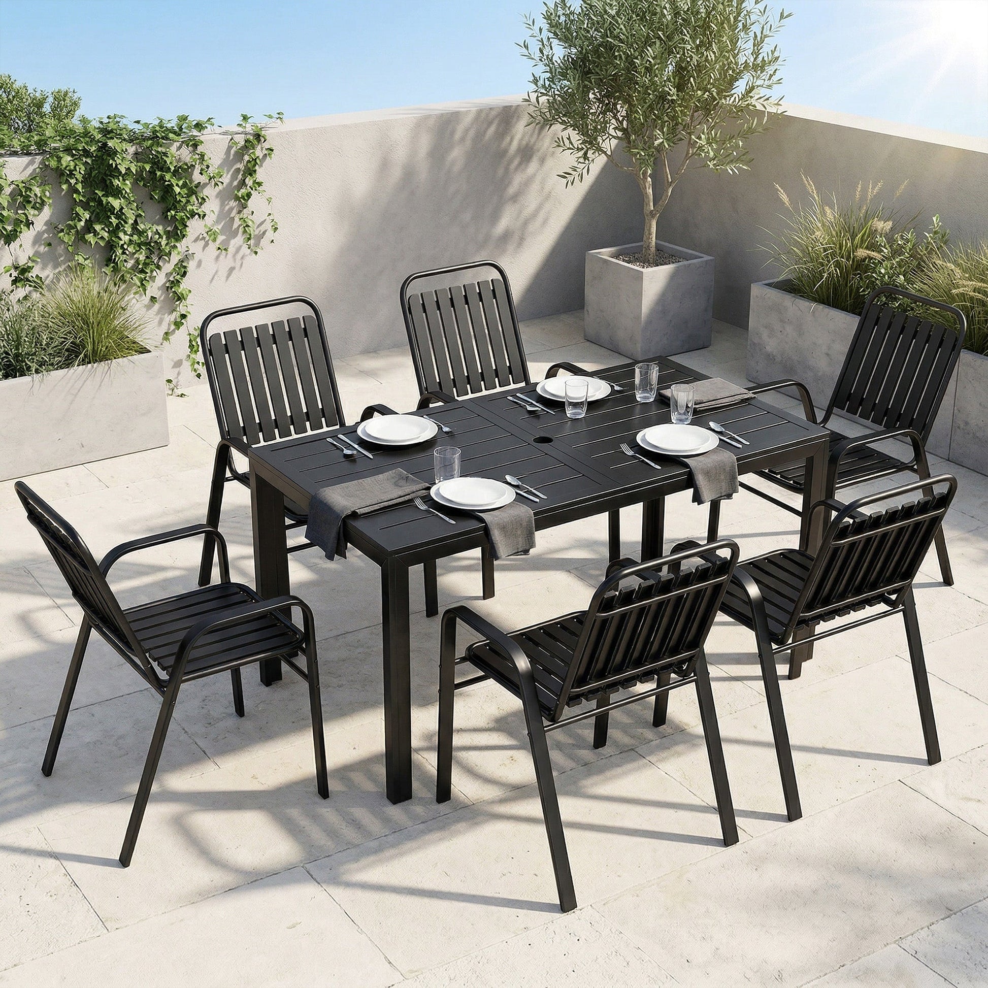 Garden Table and Chairs Set for 6 with Umbrella Hole, 7 Pieces Outdoor Dining Set with Rectangular Metal Slatted Tabletop and Stackable Chairs for Patio Porch, Black