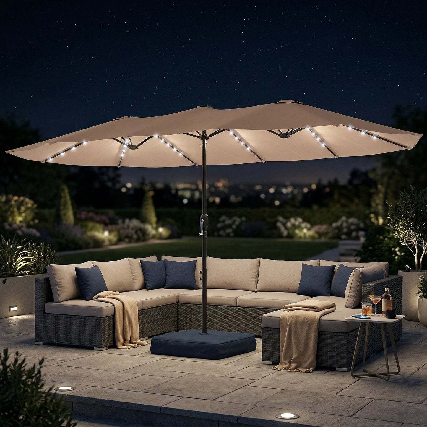 4.5m Garden Parasol Double Sided Umbrella with Base and Sandbags, 60 Solar Powered LED Lights, Patio Umbrella with Crank Handle, Ribs, Water Repellent, Khaki