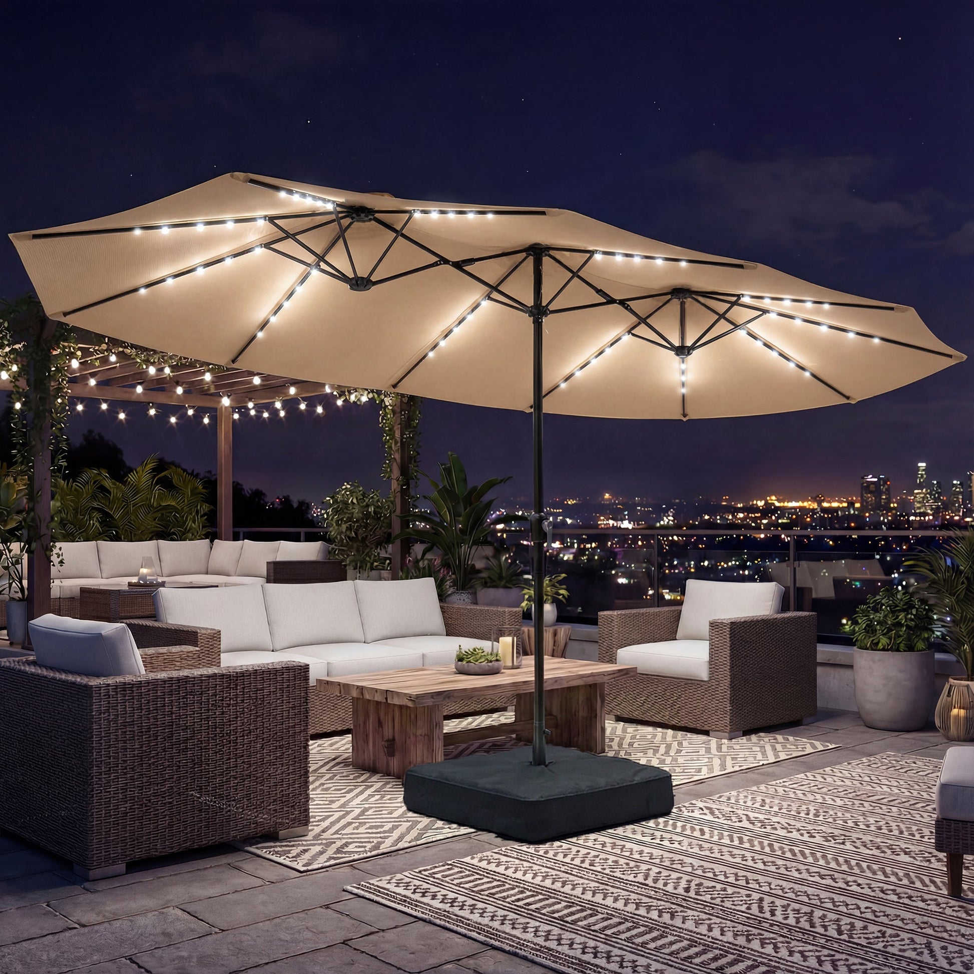 4.5m Garden Parasol Double Sided Umbrella with Base and Sandbags, 60 Solar Powered LED Lights, Patio Umbrella with Crank Handle, Ribs, Water Repellent, Khaki