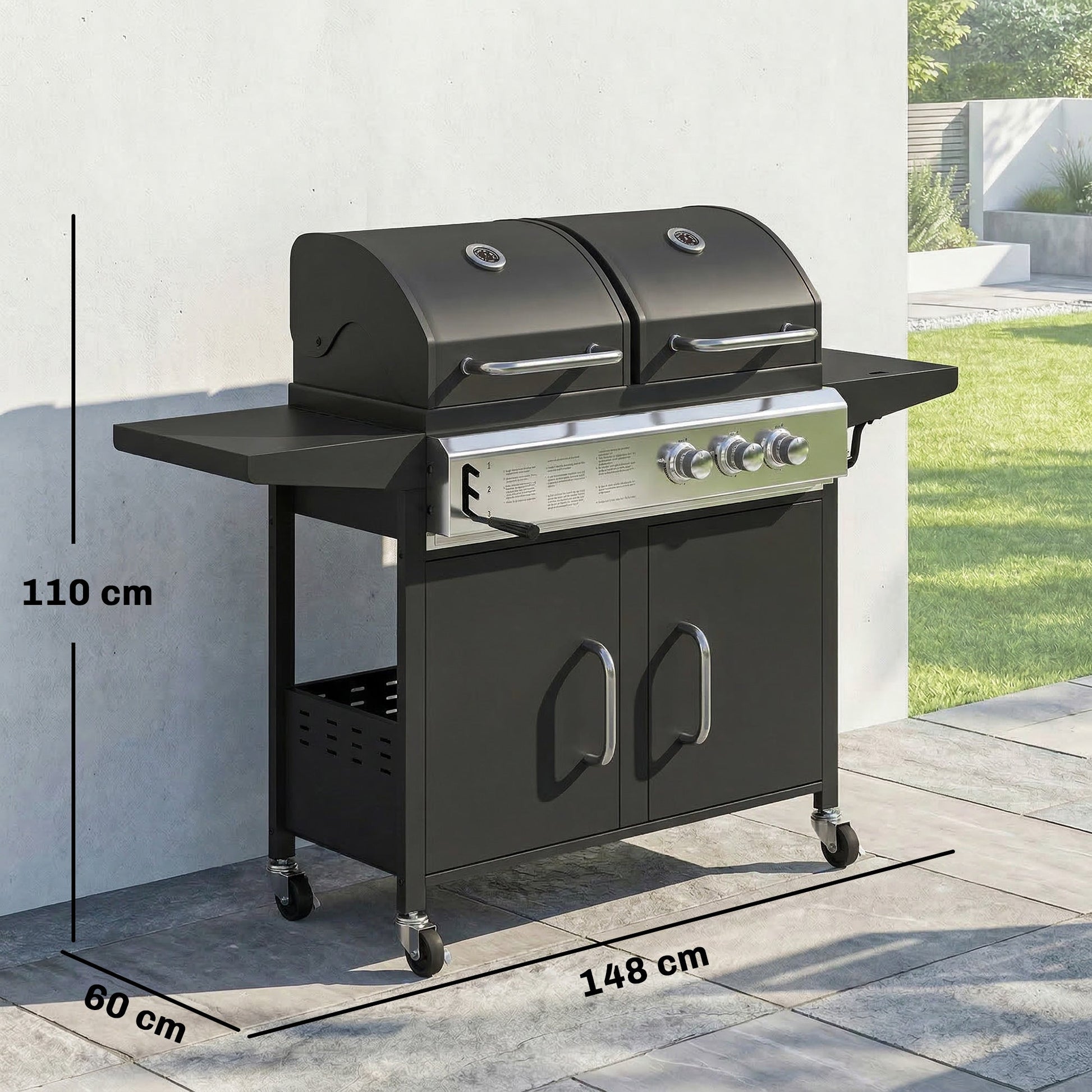 2+1 Burner Hybrid Dual Fuel BBQ Gas Grill, 2-in-1 Portable Propane & Charcoal Barbecue Grill Smoker Combo with Wheels, Warming Rack, Built-in Thermometer, Side Shelves, Cabinet, Lid, Black
