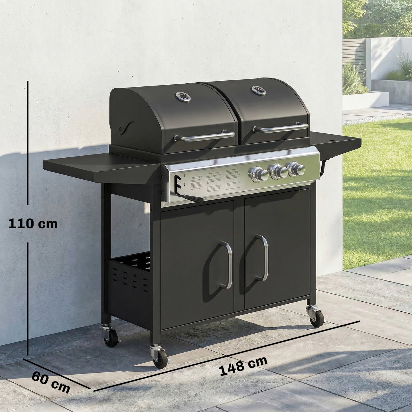 2+1 Burner Hybrid Dual Fuel BBQ Gas Grill, 2-in-1 Portable Propane & Charcoal Barbecue Grill Smoker Combo with Wheels, Warming Rack, Built-in Thermometer, Side Shelves, Cabinet, Lid, Black