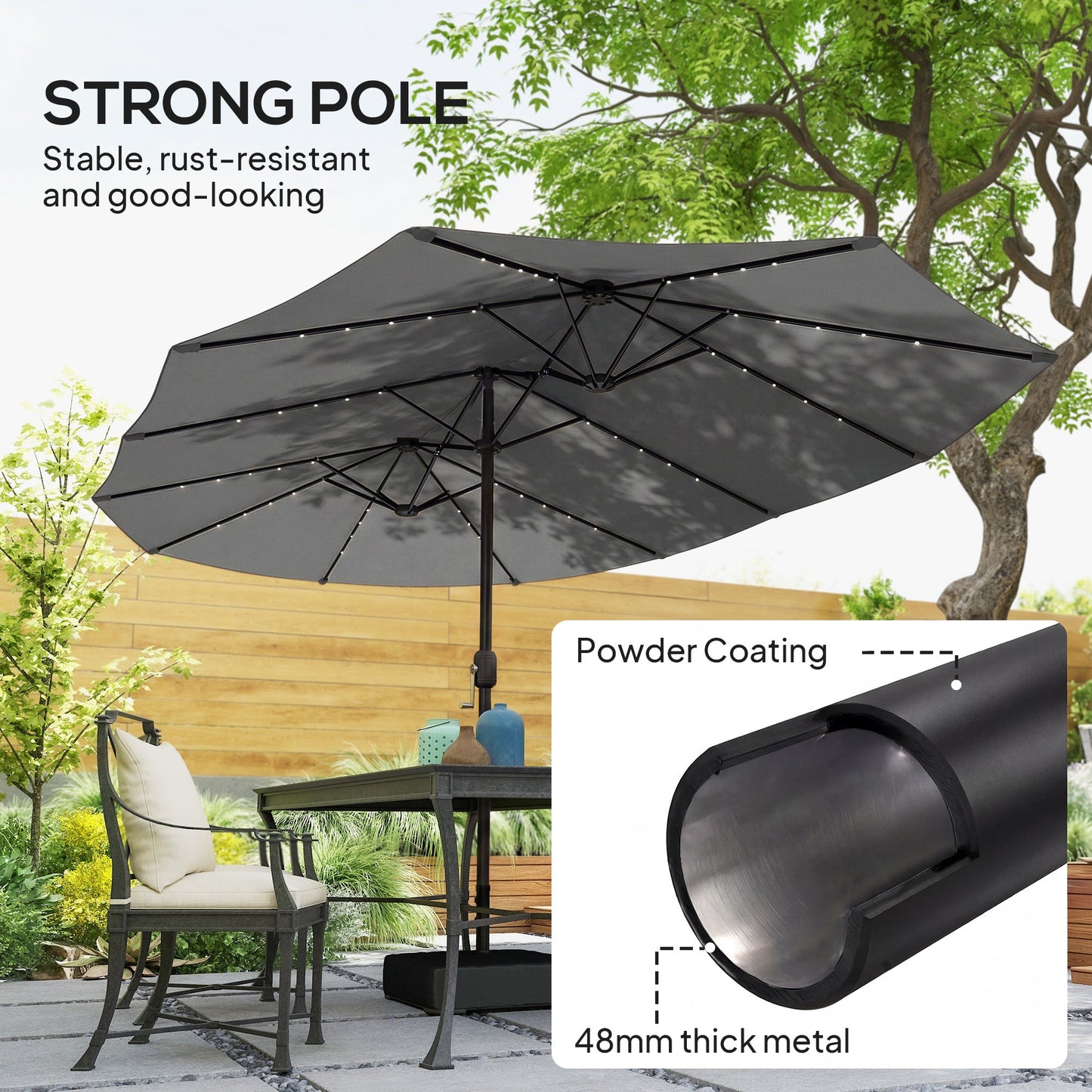 4.5m Garden Parasol Double Sided Umbrella with Base and Sandbags, 60 Solar Powered LED Lights, Patio Umbrella with Crank Handle, Ribs, Water Repellent, Grey