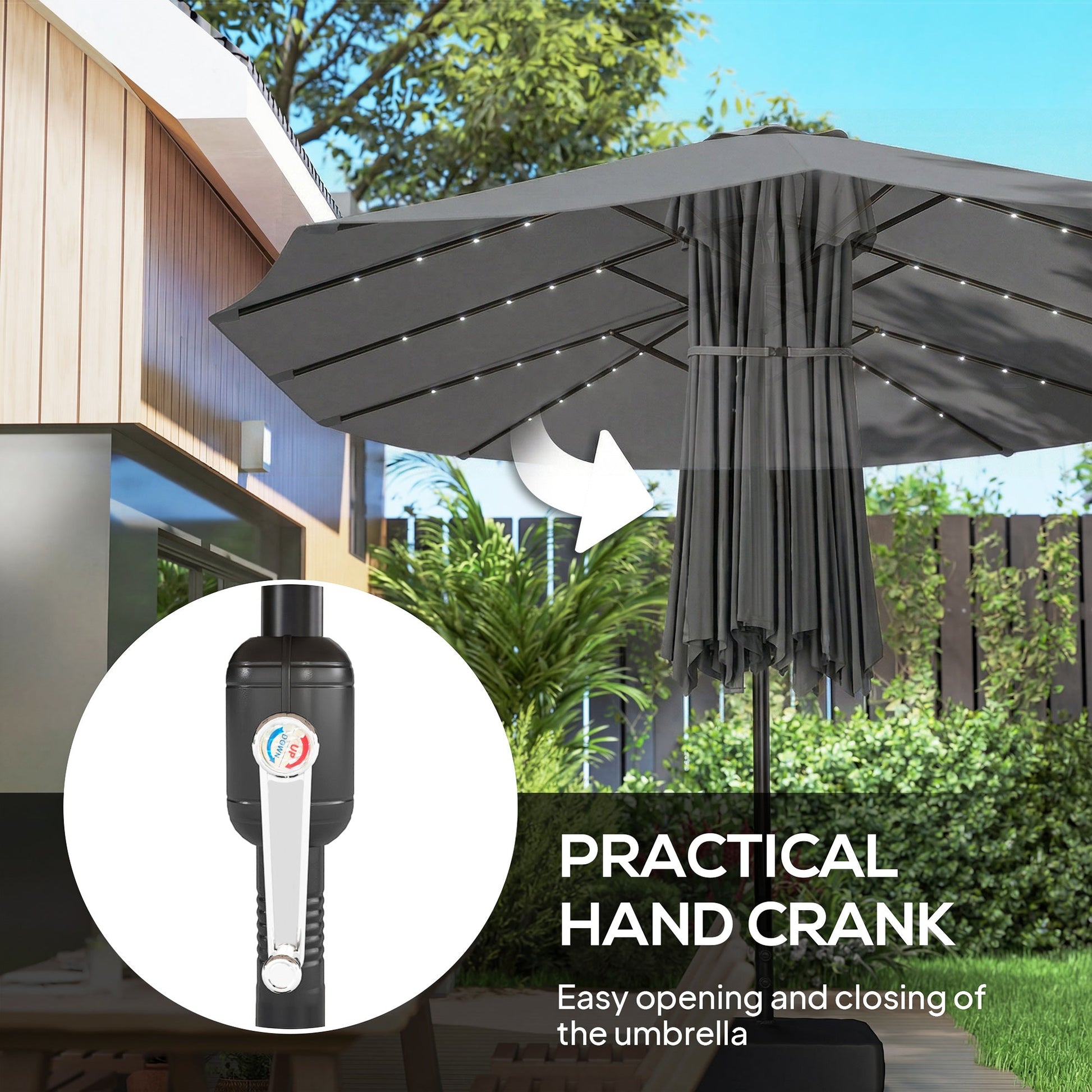 4.5m Garden Parasol Double Sided Umbrella with Base and Sandbags, 60 Solar Powered LED Lights, Patio Umbrella with Crank Handle, Ribs, Water Repellent, Grey