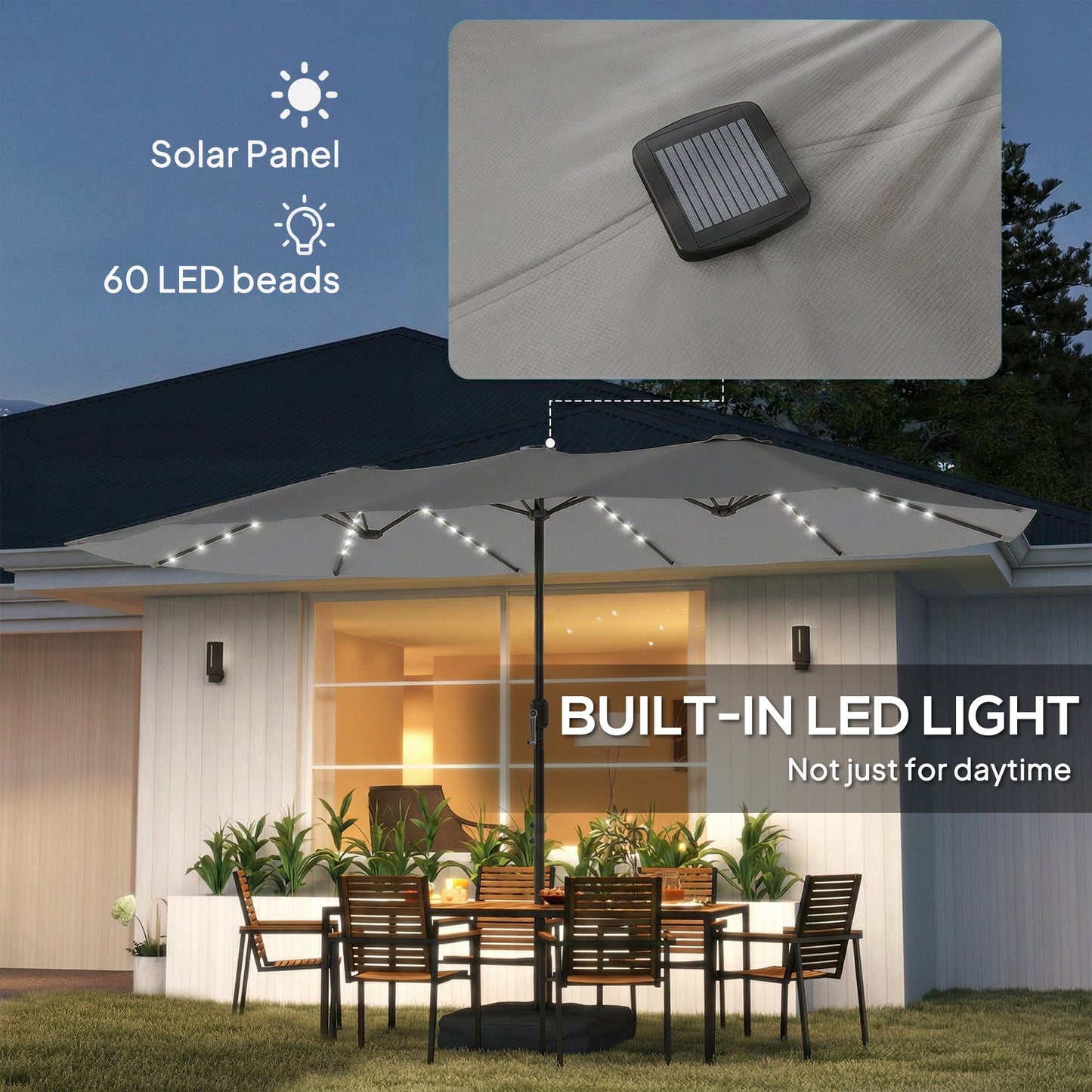 4.5m Garden Parasol Double Sided Umbrella with Base and Sandbags, 60 Solar Powered LED Lights, Patio Umbrella with Crank Handle, Ribs, Water Repellent, Grey
