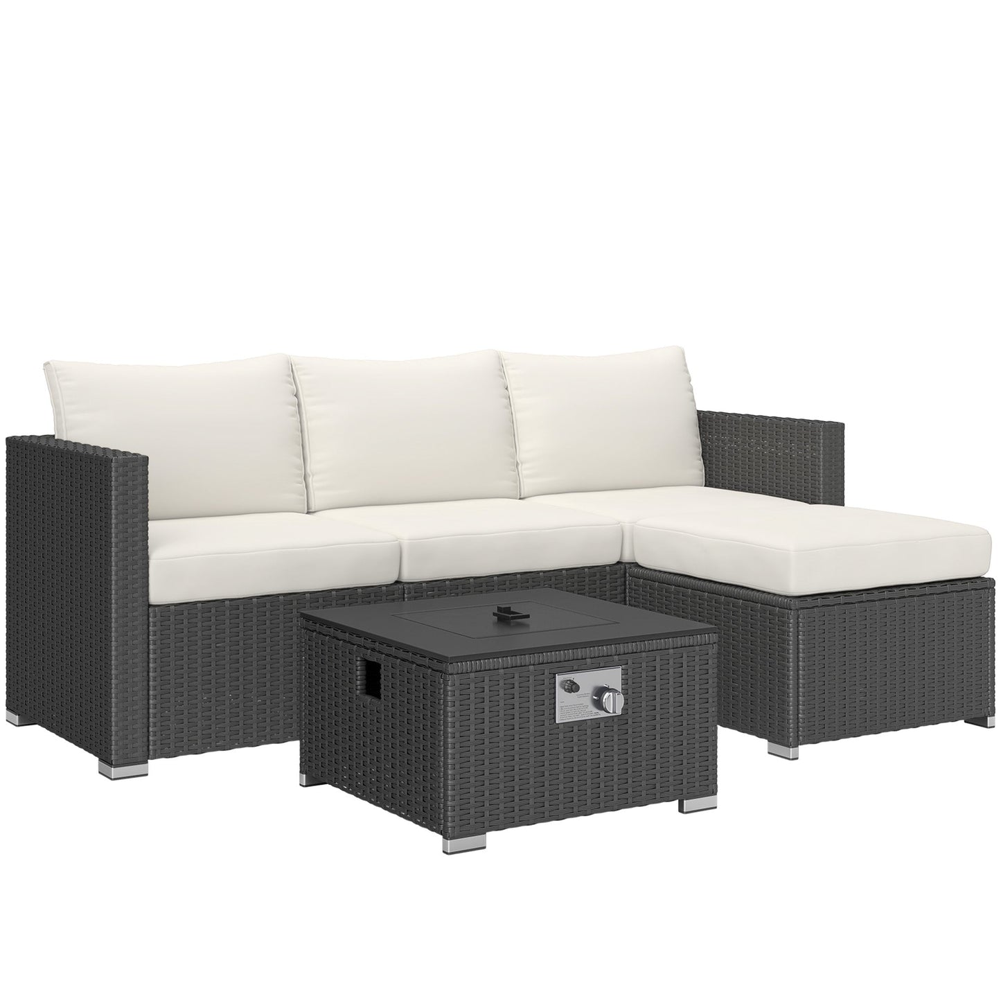 5 Piece Rattan Garden Furniture Set with Gas Fire Pit Table, 4 Seater Outdoor Sectional Sofa Set with Footstool and Removable Cushions, Modular Combination, Black and Cream White
