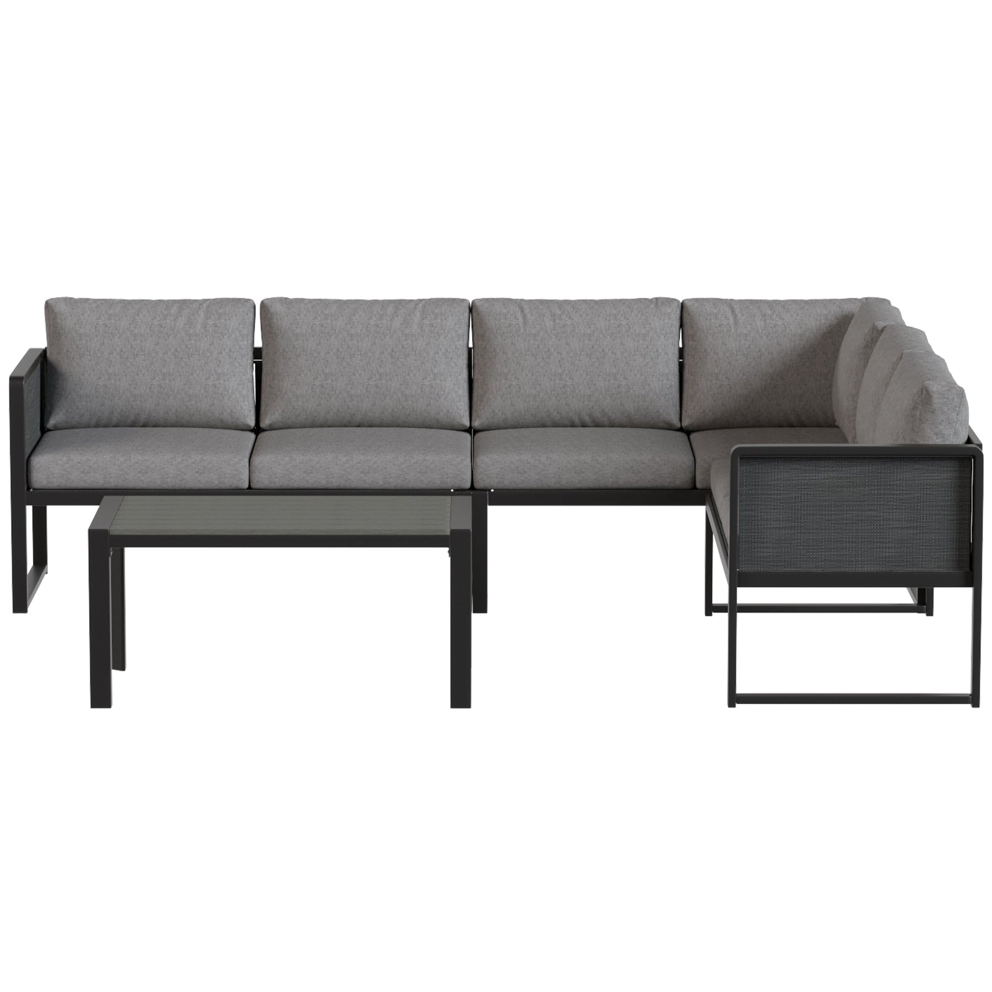 6 Seater Metal Garden Furniture Set, Corner Garden Sofa Set with 3 Texteline Loveseats, Faux Wood Top Coffee Table, L-Shape Outdoor Conversation Furniture with Cushions, Dark Grey