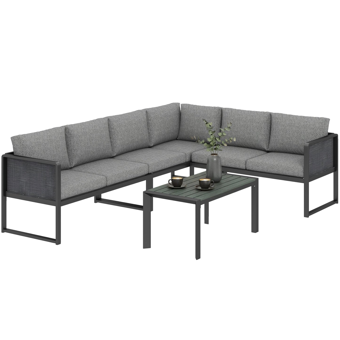 6 Seater Metal Garden Furniture Set, Corner Garden Sofa Set with 3 Texteline Loveseats, Faux Wood Top Coffee Table, L-Shape Outdoor Conversation Furniture with Cushions, Dark Grey