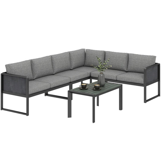 6 Seater Metal Garden Furniture Set, Corner Garden Sofa Set with 3 Texteline Loveseats, Faux Wood Top Coffee Table, L-Shape Outdoor Conversation Furniture with Cushions, Dark Grey