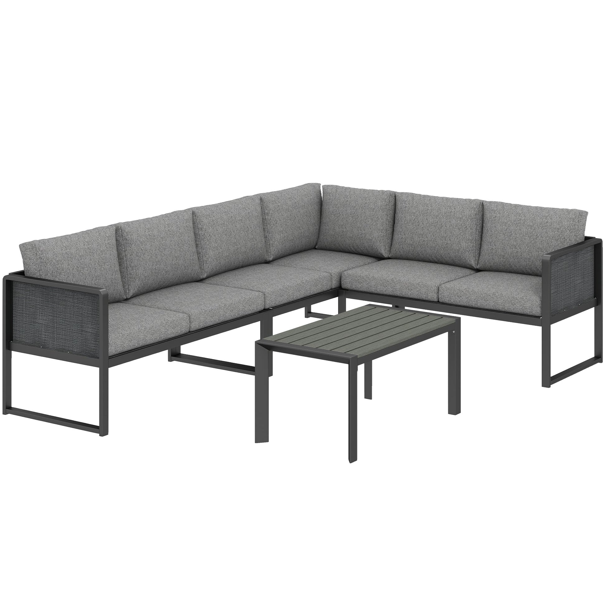 6 Seater Metal Garden Furniture Set, Corner Garden Sofa Set with 3 Texteline Loveseats, Faux Wood Top Coffee Table, L-Shape Outdoor Conversation Furniture with Cushions, Dark Grey