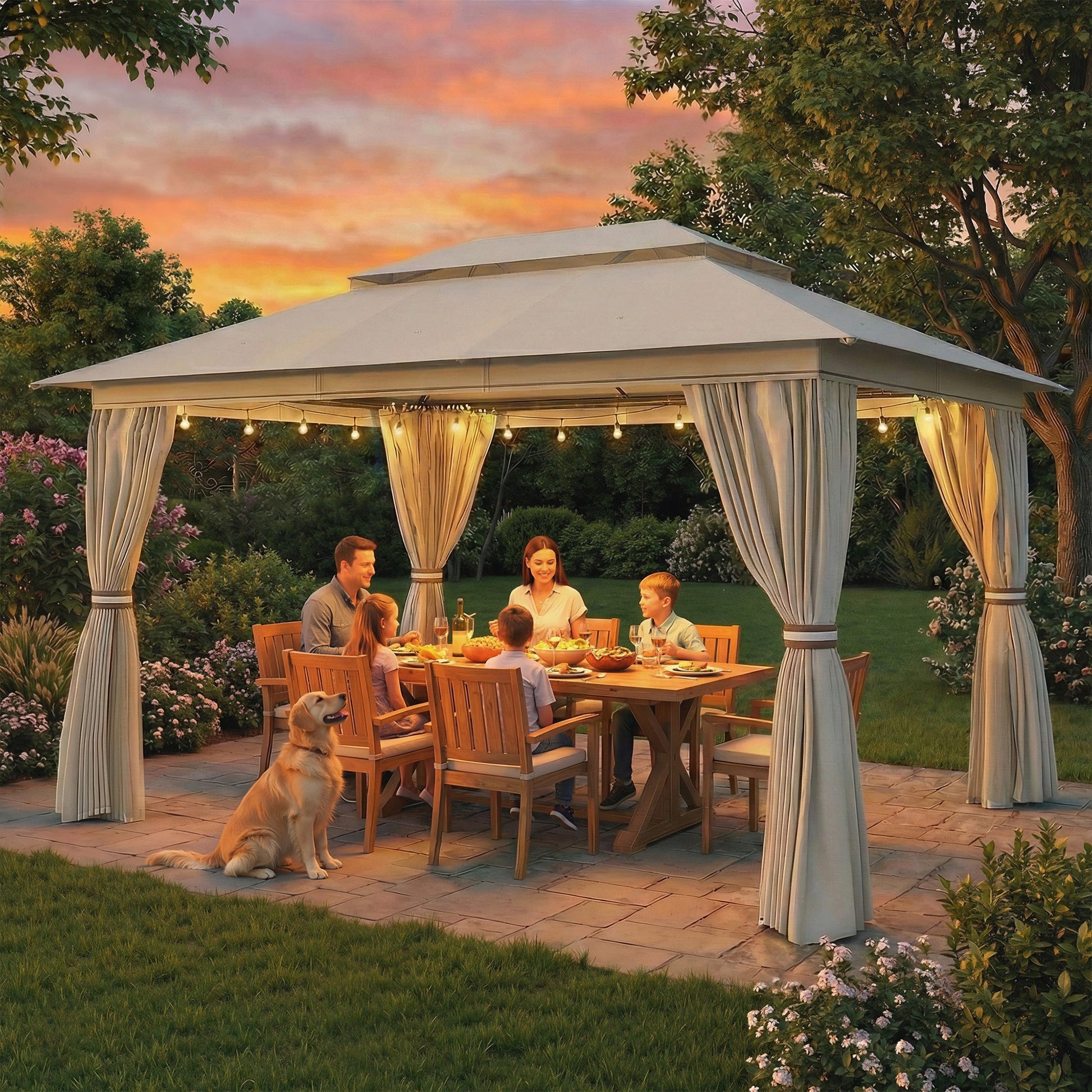 3 x 4 m Outdoor Garden Gazebo with Netting and Curtains, UPF50+ Double Roof Patio Gazebo Permanent Pavilion Canopy Shelter with Metal Frame, Drainage Holes, Beige