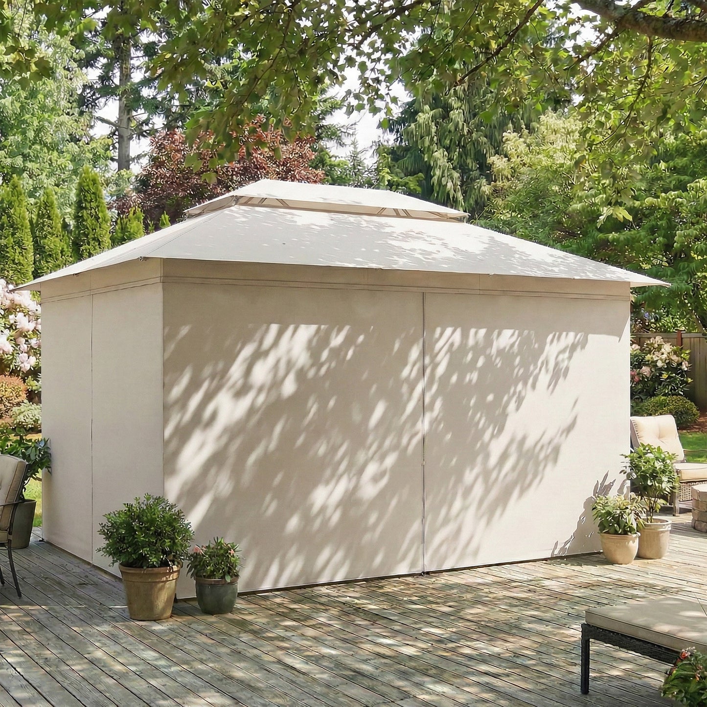 3 x 4 m Outdoor Garden Gazebo with Netting and Curtains, UPF50+ Double Roof Patio Gazebo Permanent Pavilion Canopy Shelter with Metal Frame, Drainage Holes, Beige