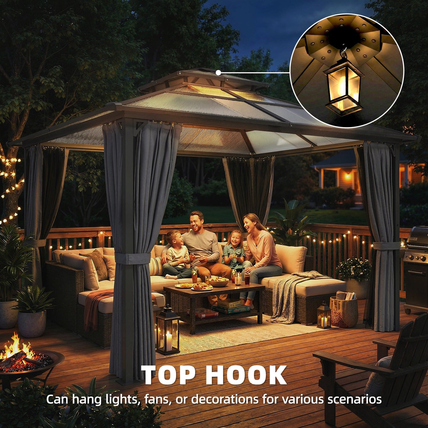 2.5 x 2.5 m Outdoor Hardtop Gazebo Canopy with Double Polycarbonate Roof, Metal Frame Garden Permanent Pavilion with Mosquito Netting and Curtains, Drainage Gutters, Ceiling Hook, Dark Grey