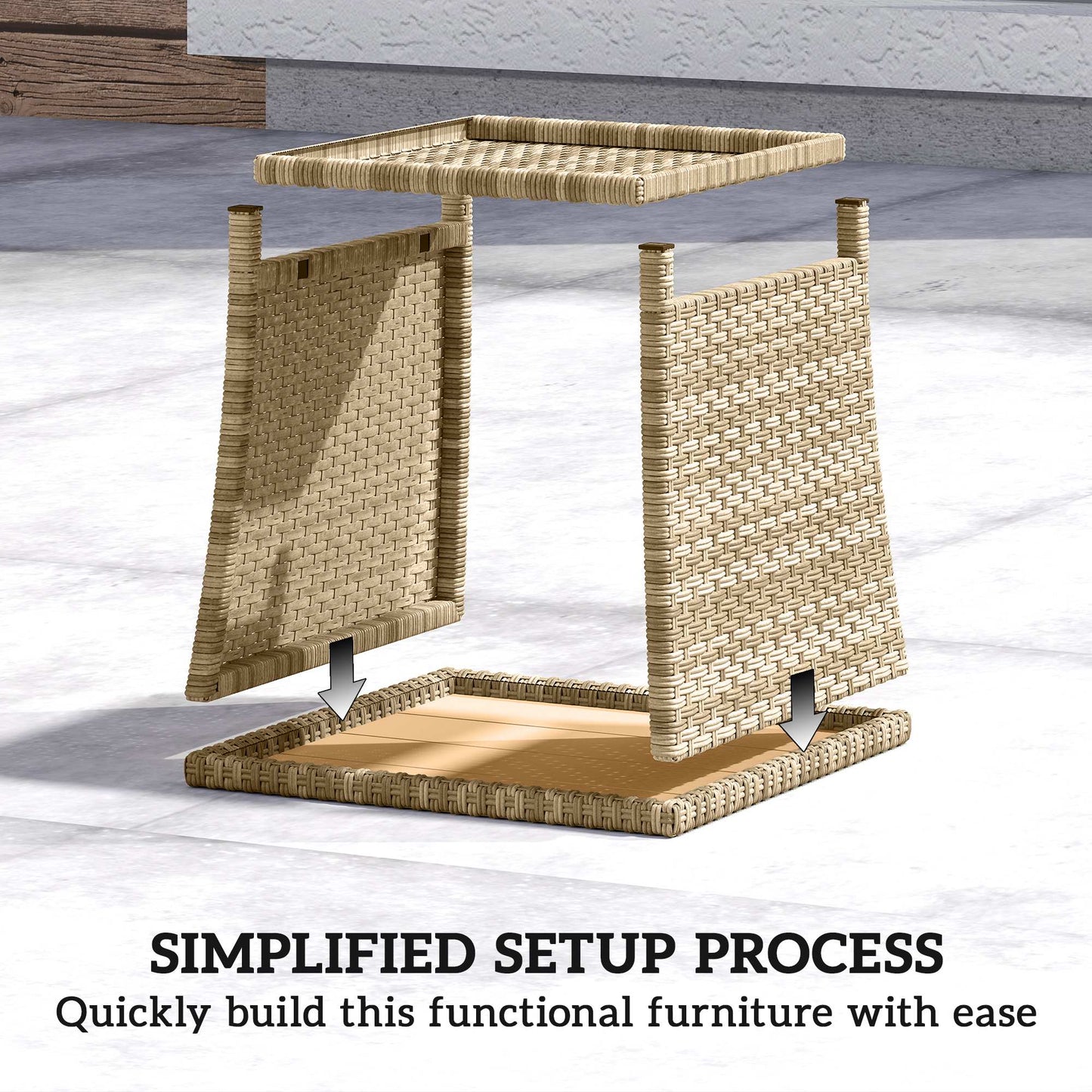 2-Tier PE Rattan Side Table with Storage Shelf, Square Outdoor Coffee Table with PS Wood Slat Top, UV-Resistant for Patio, Garden, Balcony, Khaki