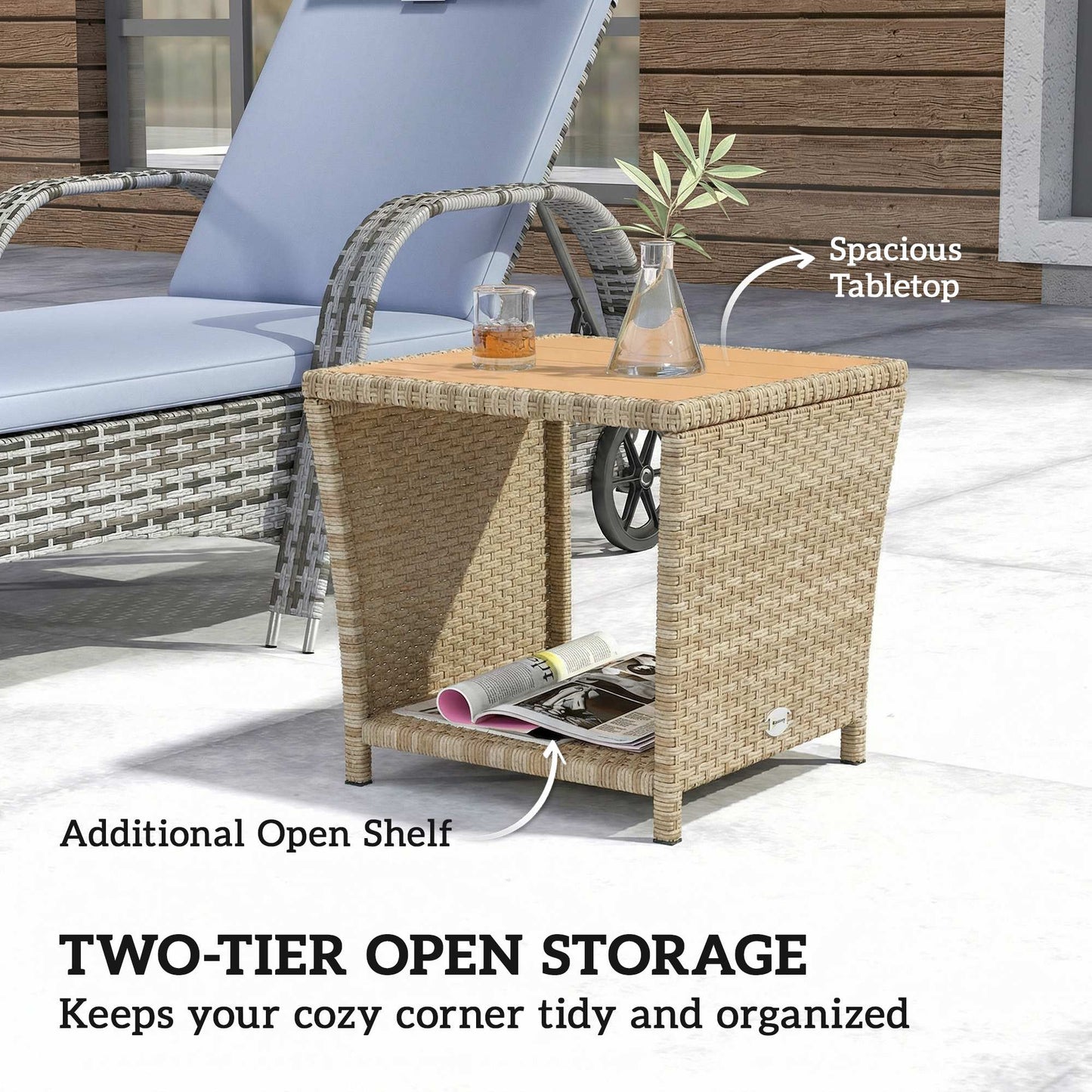 2-Tier PE Rattan Side Table with Storage Shelf, Square Outdoor Coffee Table with PS Wood Slat Top, UV-Resistant for Patio, Garden, Balcony, Khaki