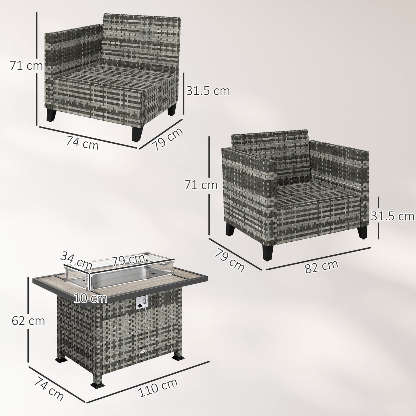 5 Pieces PE Rattan Garden Furniture Set with Gas Fire Pit Table, Loveseat Sofa, Armchairs, Patio Sofa Set with Cushions, Pillows, for Poolside, Grey