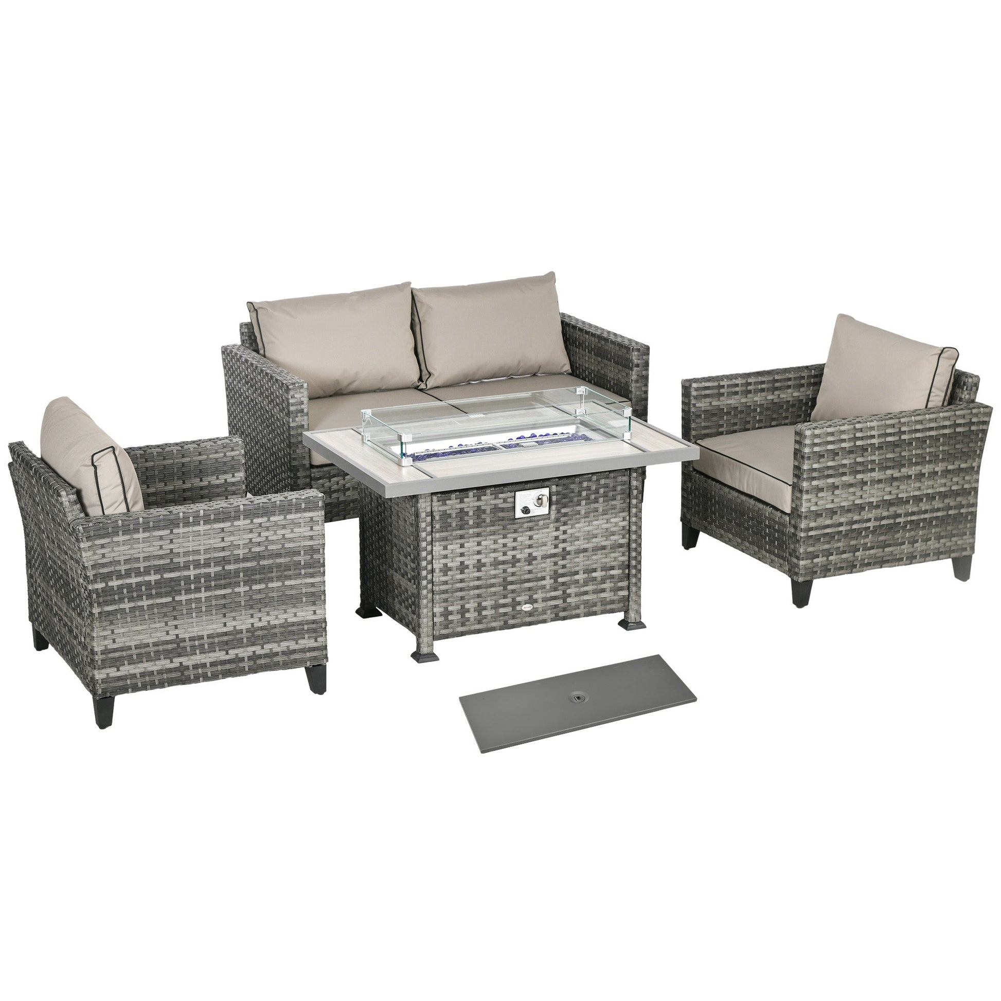 5 Pieces PE Rattan Garden Furniture Set with Gas Fire Pit Table, Loveseat Sofa, Armchairs, Patio Sofa Set with Cushions, Pillows, for Poolside, Grey
