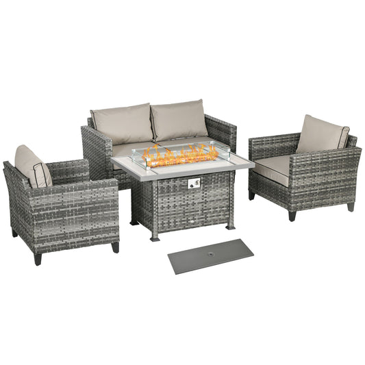 5 Pieces PE Rattan Garden Furniture Set with Gas Fire Pit Table, Loveseat Sofa, Armchairs, Patio Sofa Set with Cushions, Pillows, for Poolside, Grey