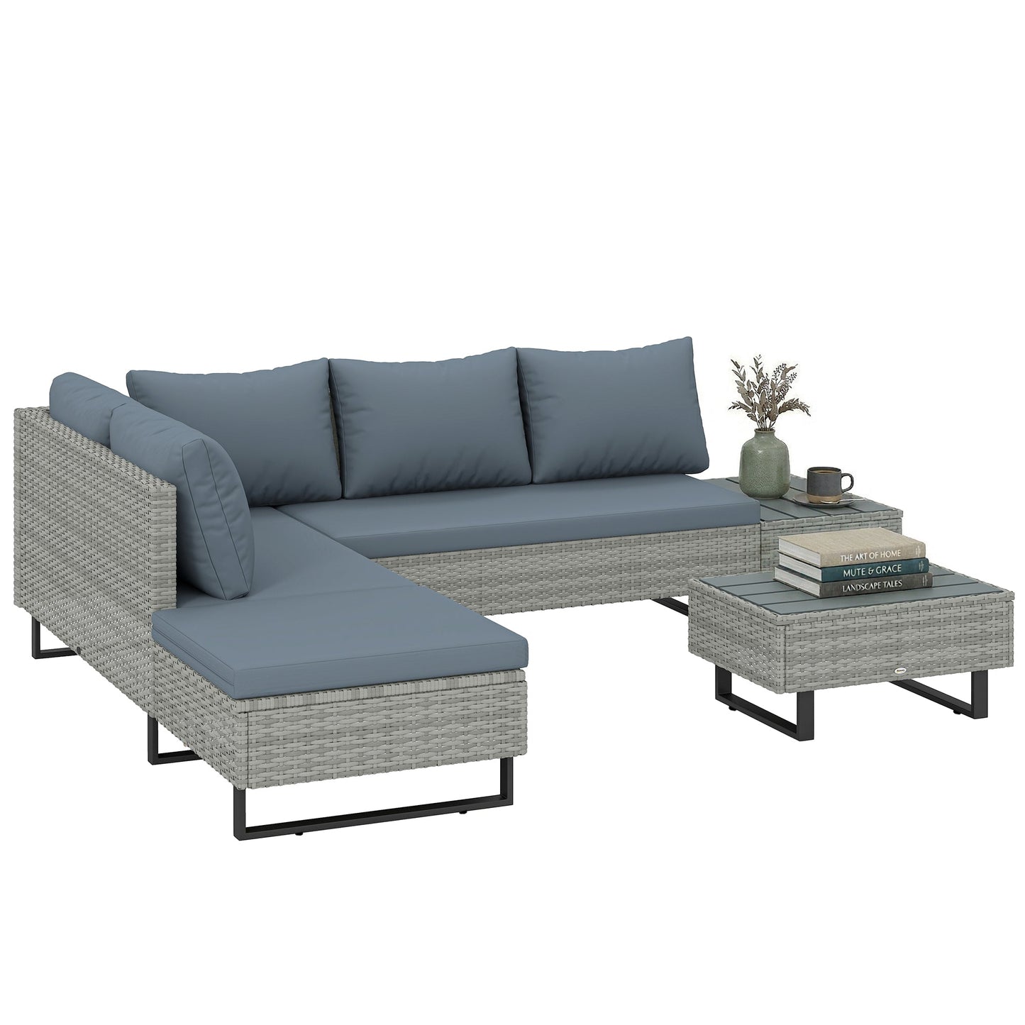 5 Seater Rattan Garden Furniture Set, Adjustable Back Corner Sofa Outdoor Lounge Set, Loveseat, Faux Wood Table, Cushions, L Shaped Patio Furniture Conversation Sets, Metal Frame, Grey