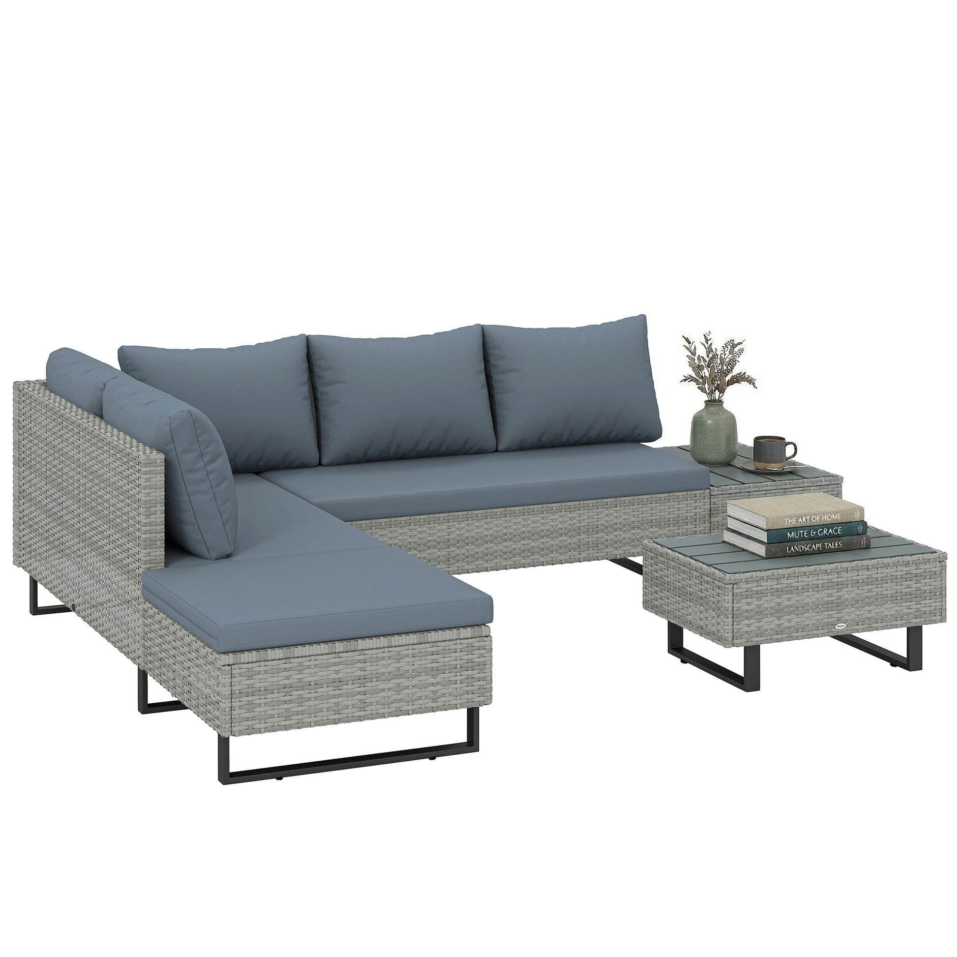 5 Seater Rattan Garden Furniture Set, Adjustable Back Corner Sofa Outdoor Lounge Set, Loveseat, Faux Wood Table, Cushions, L Shaped Patio Furniture Conversation Sets, Metal Frame, Grey