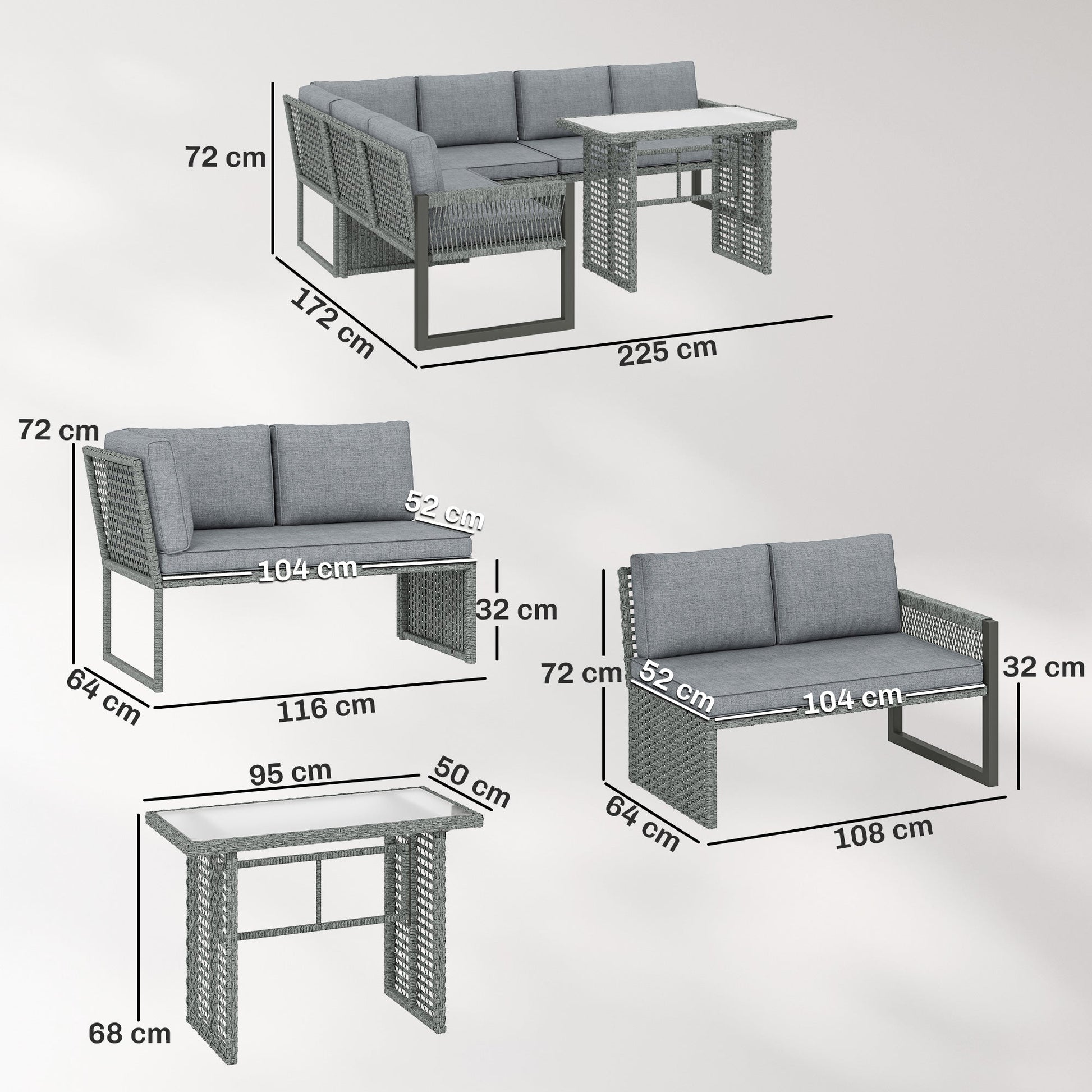 6 Seater Rattan Garden Furniture Set with 3 Loveseats, Glass-Top Table, 4 Piece Outdoor Dining Patio Rattan Furniture Corner Sofa Set with Cushions for Conservatory, Grey