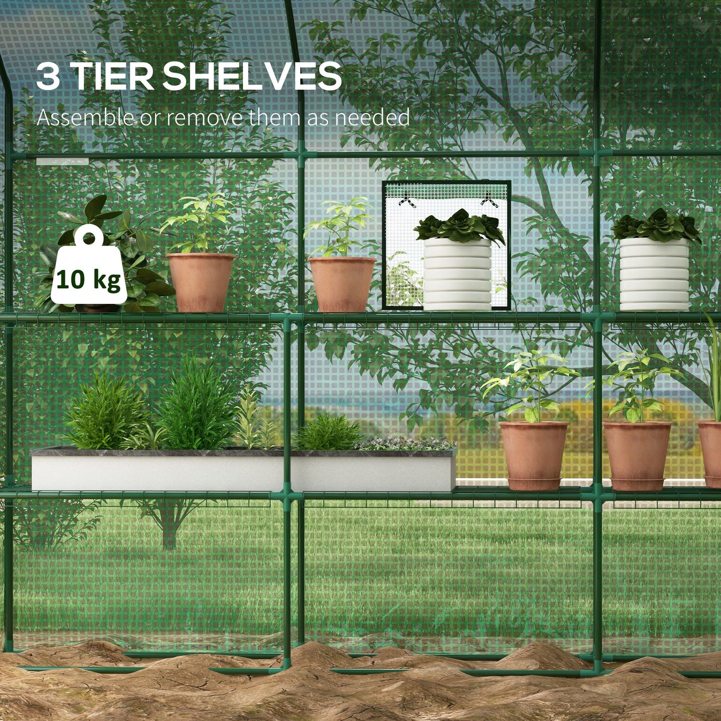 Walk-in Greenhouse with 3 Tier 12 Shelves, Small Greenhouse with Reinforced PE Cover, Garden Plant Growhouse with Roll-up Door and Three Mesh Windows, 140 x 213 x 190 cm, Green