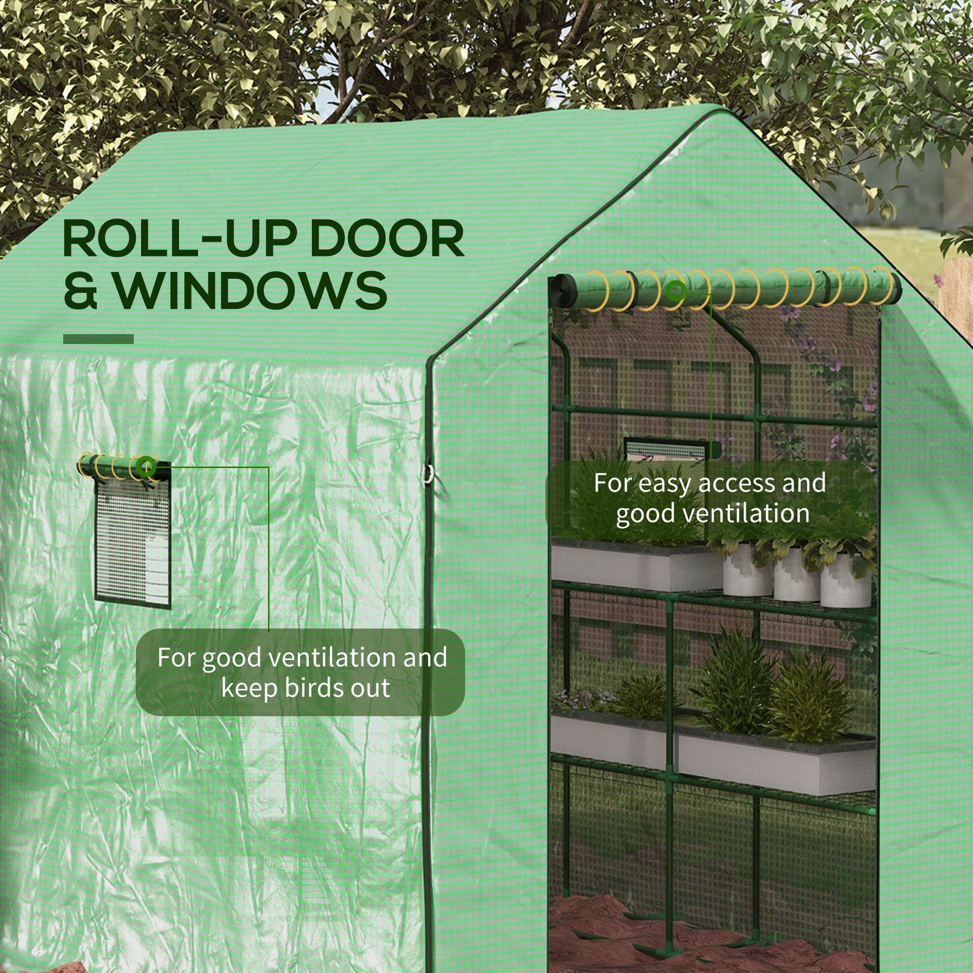 Walk-in Greenhouse with 3 Tier 12 Shelves, Small Greenhouse with Reinforced PE Cover, Garden Plant Growhouse with Roll-up Door and Three Mesh Windows, 140 x 213 x 190 cm, Green