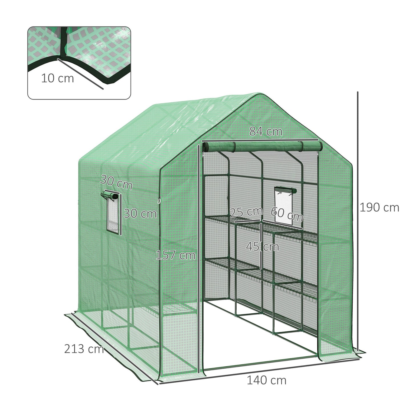 Walk-in Greenhouse with 3 Tier 12 Shelves, Small Greenhouse with Reinforced PE Cover, Garden Plant Growhouse with Roll-up Door and Three Mesh Windows, 140 x 213 x 190 cm, Green