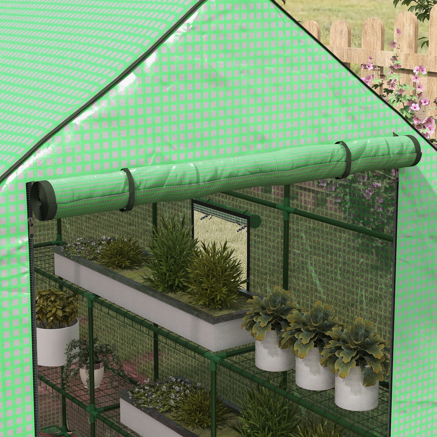 Walk-in Greenhouse with 3 Tier 12 Shelves, Small Greenhouse with Reinforced PE Cover, Garden Plant Growhouse with Roll-up Door and Three Mesh Windows, 140 x 213 x 190 cm, Green