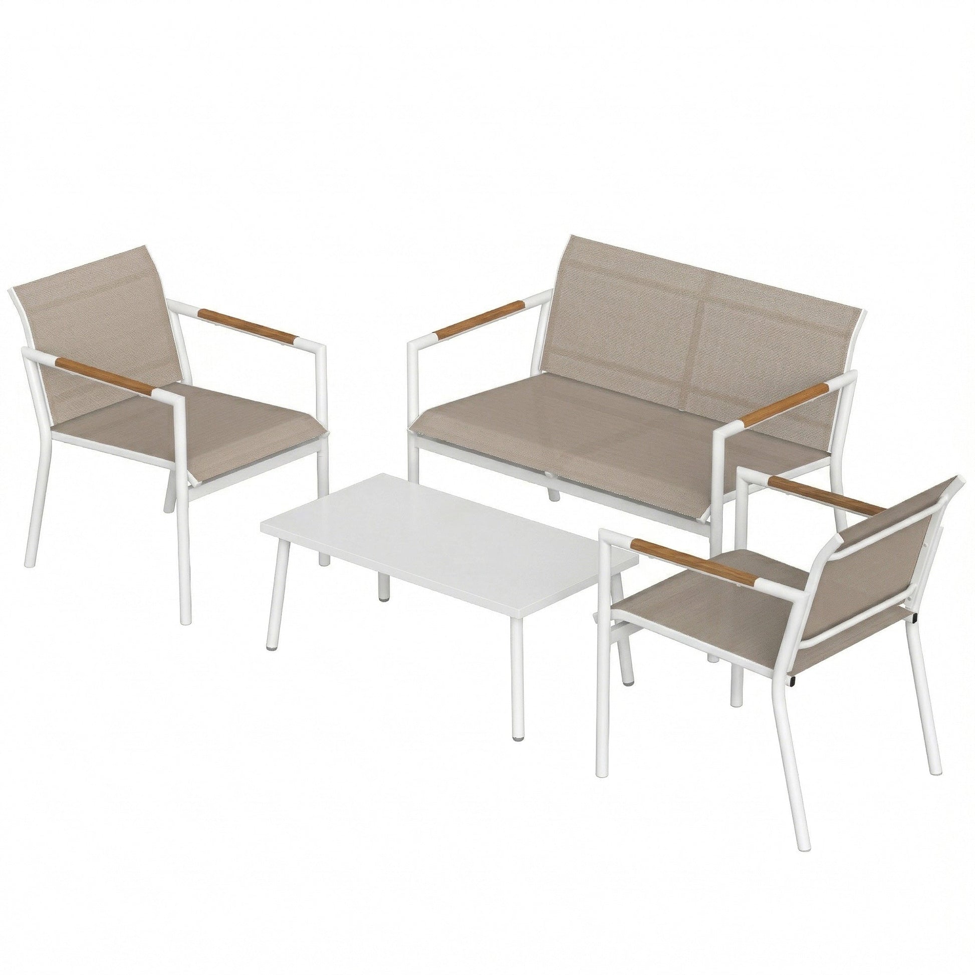 4 Seater Garden Furniture Set with Loveseat, 2 Armchairs, Metal-Top Table, Metal Garden Sofa Set with Breathable Mesh Seats, Outdoor Furniture Conversation Sets, Khaki