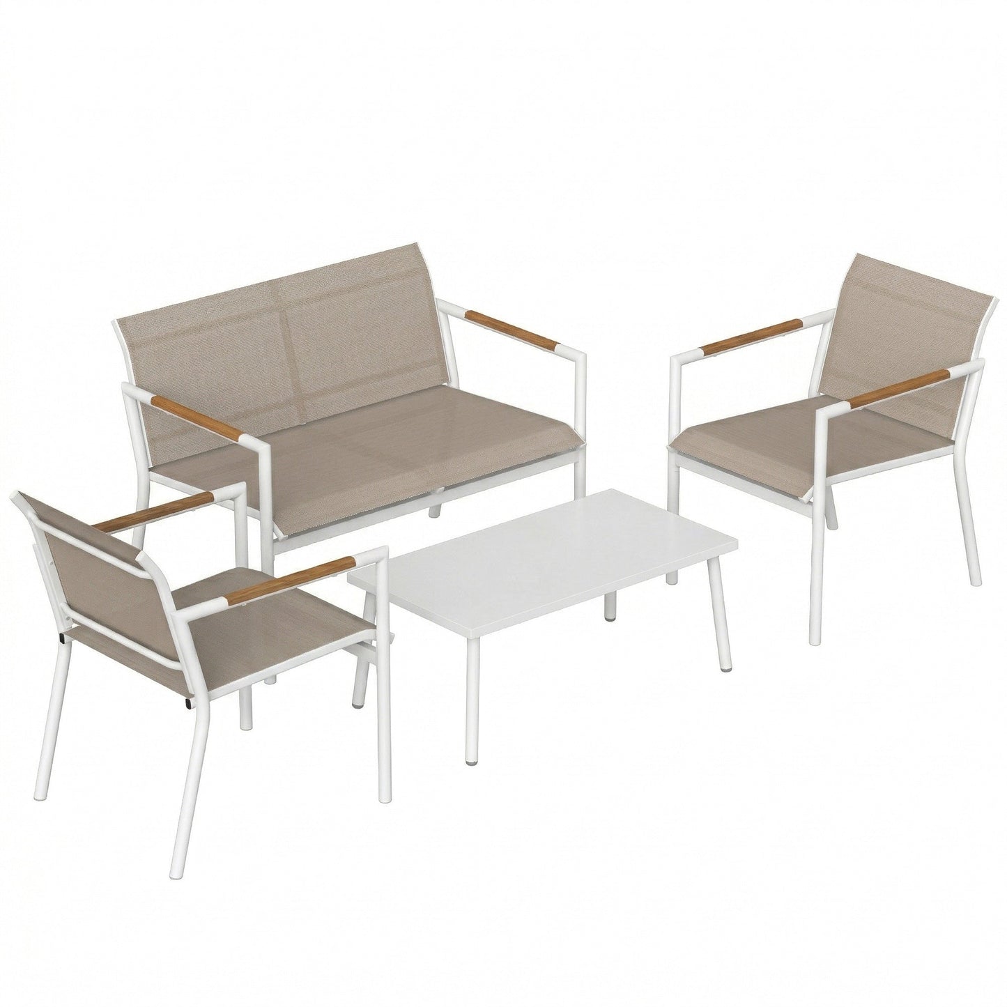 4 Seater Garden Furniture Set with Loveseat, 2 Armchairs, Metal-Top Table, Metal Garden Sofa Set with Breathable Mesh Seats, Outdoor Furniture Conversation Sets, Khaki