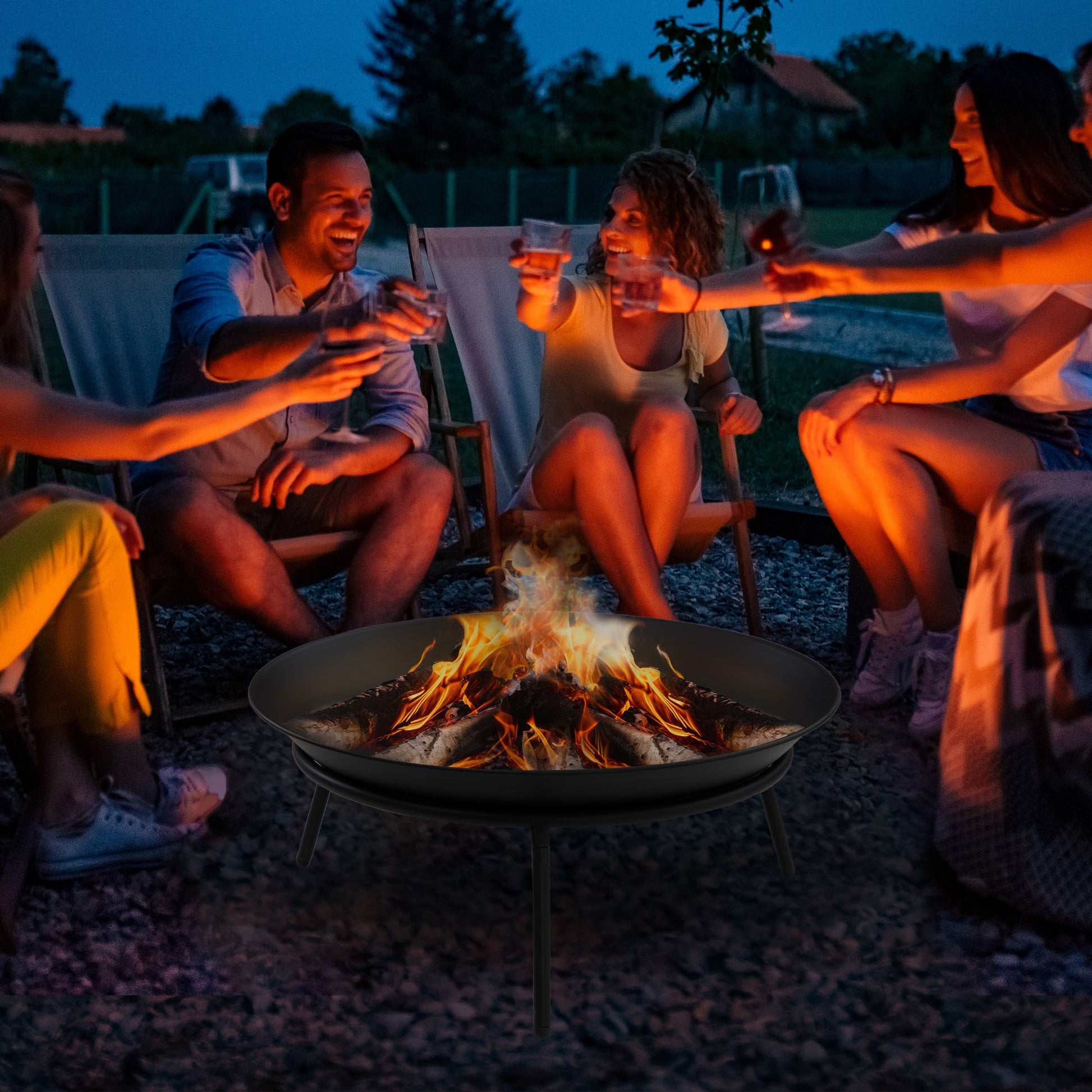Dia. 47 x 21 cm Outdoor Fire Pit, Portable Round Firepit with Poker, for Garden, Camping, Bonfire, Picnic, Black