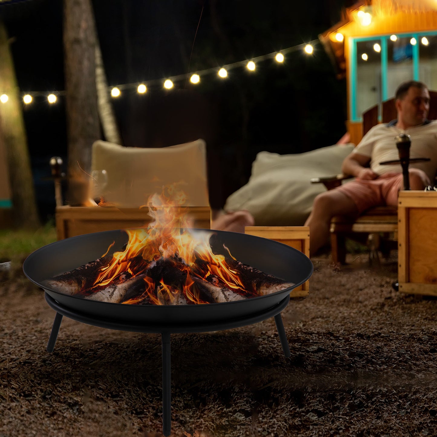 Dia. 47 x 21 cm Outdoor Fire Pit, Portable Round Firepit with Poker, for Garden, Camping, Bonfire, Picnic, Black