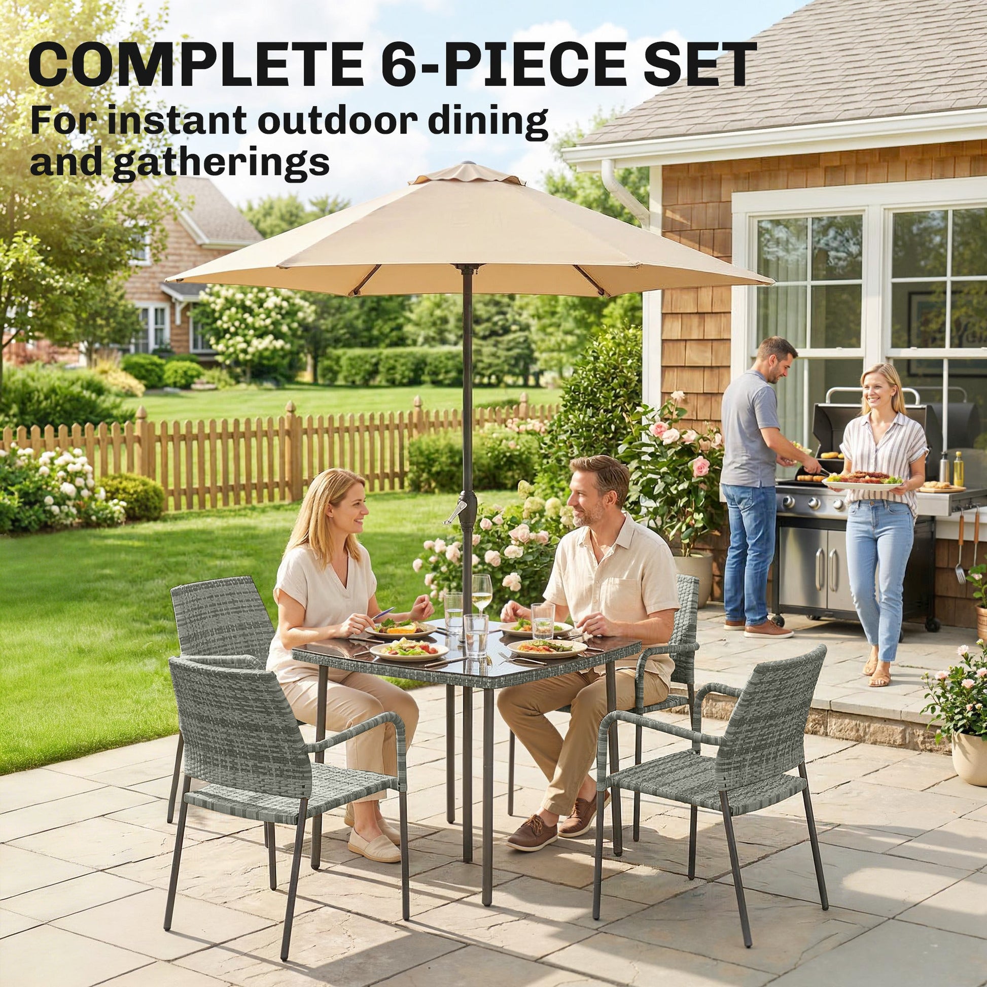 4 Seater Rattan Dining Set with Parasol, 6 Piece Garden Table and Stackable Chairs with Tempered Glass Tabletop, All-Weather Outdoor Rattan Furniture Set for Patio, Light Grey