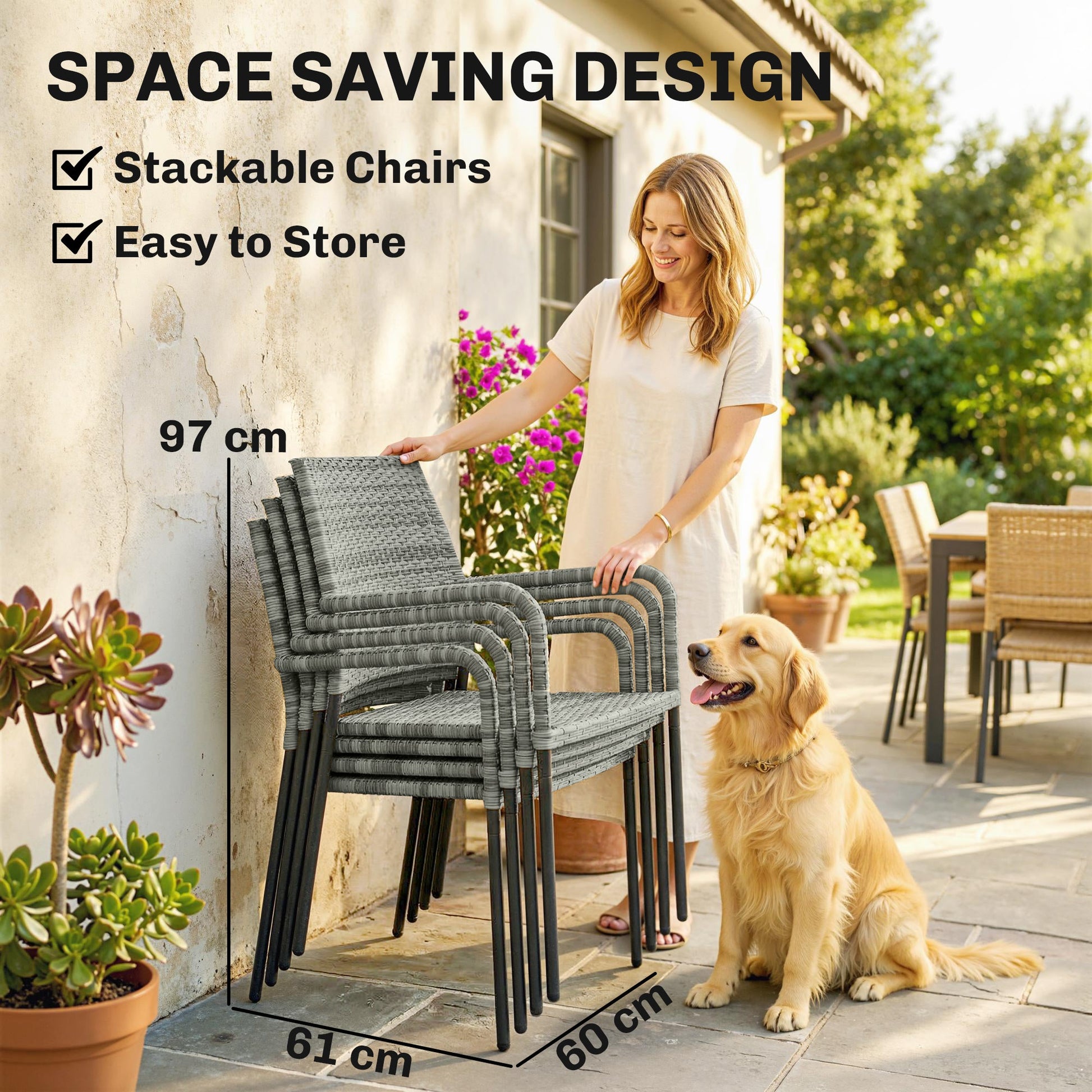 4 Seater Rattan Dining Set with Parasol, 6 Piece Garden Table and Stackable Chairs with Tempered Glass Tabletop, All-Weather Outdoor Rattan Furniture Set for Patio, Light Grey