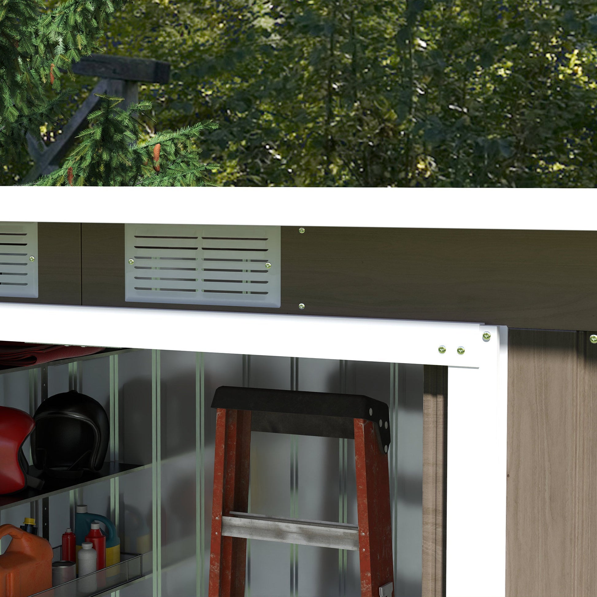 9ft x 4ft Metal Garden Shed, Outdoor Tool House with Foundation Kit, Ventilations and Double Doors, Light Grey Wood Grain